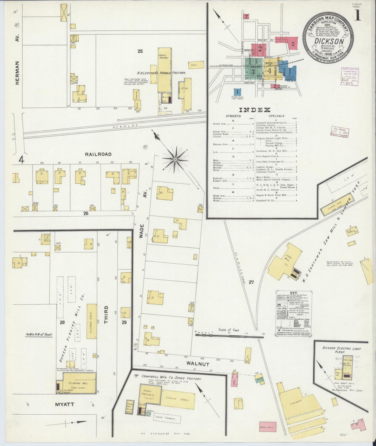 Sanborn Fire Insurance Map from Dickson, Dickson County, Tennessee (1908), Sheet #0001 - Complete Map Set gallery image, historic Sanborn map, vintage wall art, Tennessee Tennessee