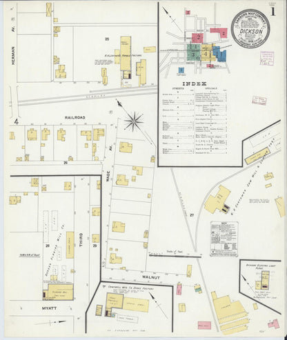 Sanborn Fire Insurance Map from Dickson, Dickson County, Tennessee (1908), Sheet #0001 - Complete Map Set gallery image, historic Sanborn map, vintage wall art, Tennessee Tennessee