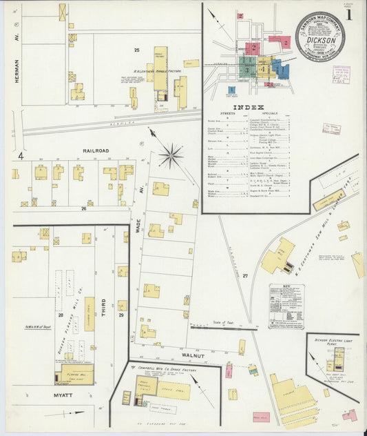 Sanborn Fire Insurance Map from Dickson, Dickson County, Tennessee (1908), Sheet #0001 - Complete Map Set gallery image, historic Sanborn map, vintage wall art, Tennessee Tennessee