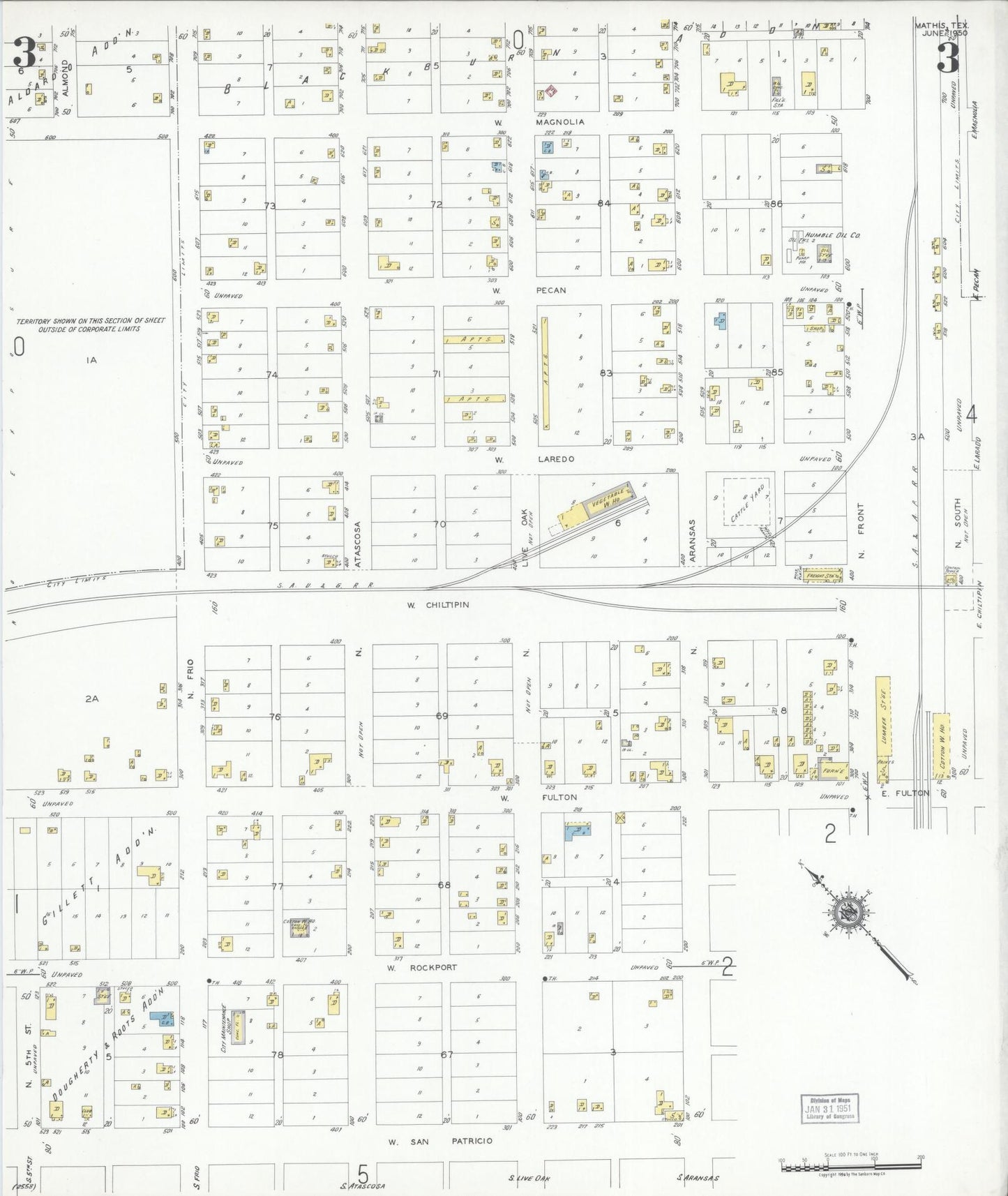 Sanborn Fire Insurance Map from Mathis, San Patricio County, Texas (1950), Sheet #0003 - Historic Sanborn Fire Insurance Map Print, vintage old map wall art, antique decor, genealogy gift, Texas Texas map
