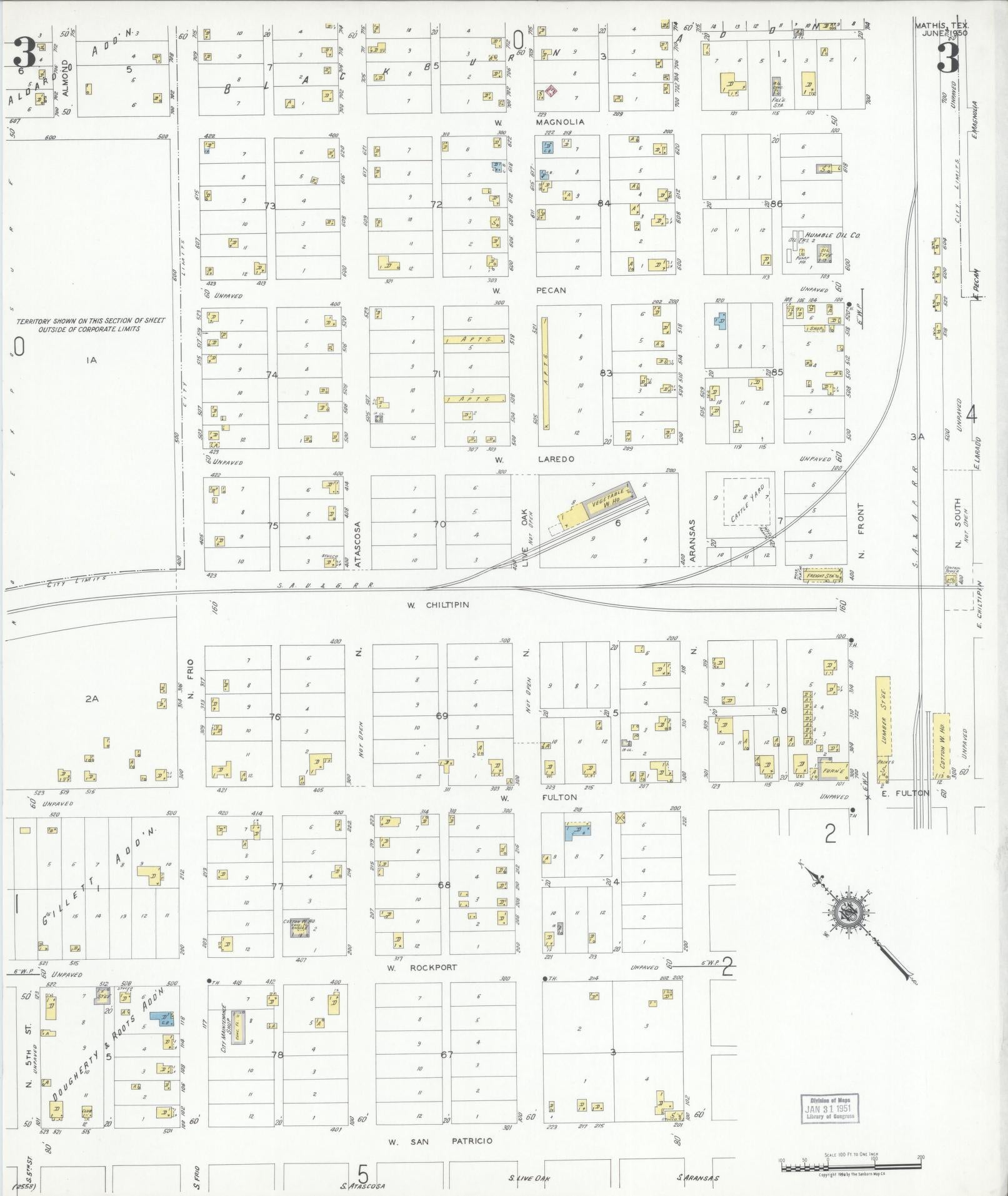 Sanborn Fire Insurance Map from Mathis, San Patricio County, Texas (1950), Sheet #0003 - Historic Sanborn Fire Insurance Map Print, vintage old map wall art, antique decor, genealogy gift, Texas Texas map