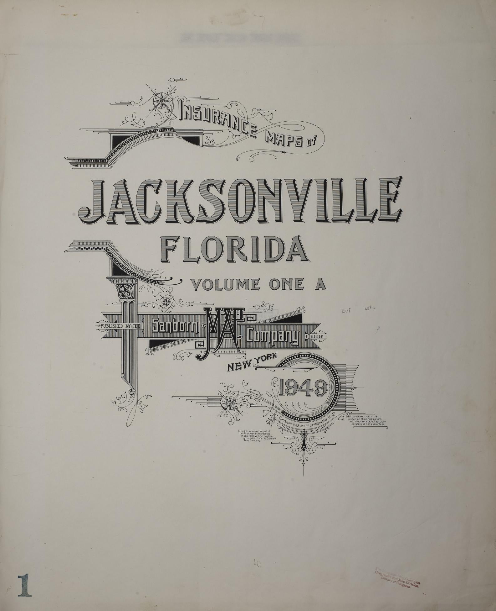 Sanborn Fire Insurance Map from Jacksonville, Duval County, Florida (1949), Sheet #0001 - Historic Sanborn Fire Insurance Map Print, vintage old map wall art, antique decor, genealogy gift, Florida Florida map