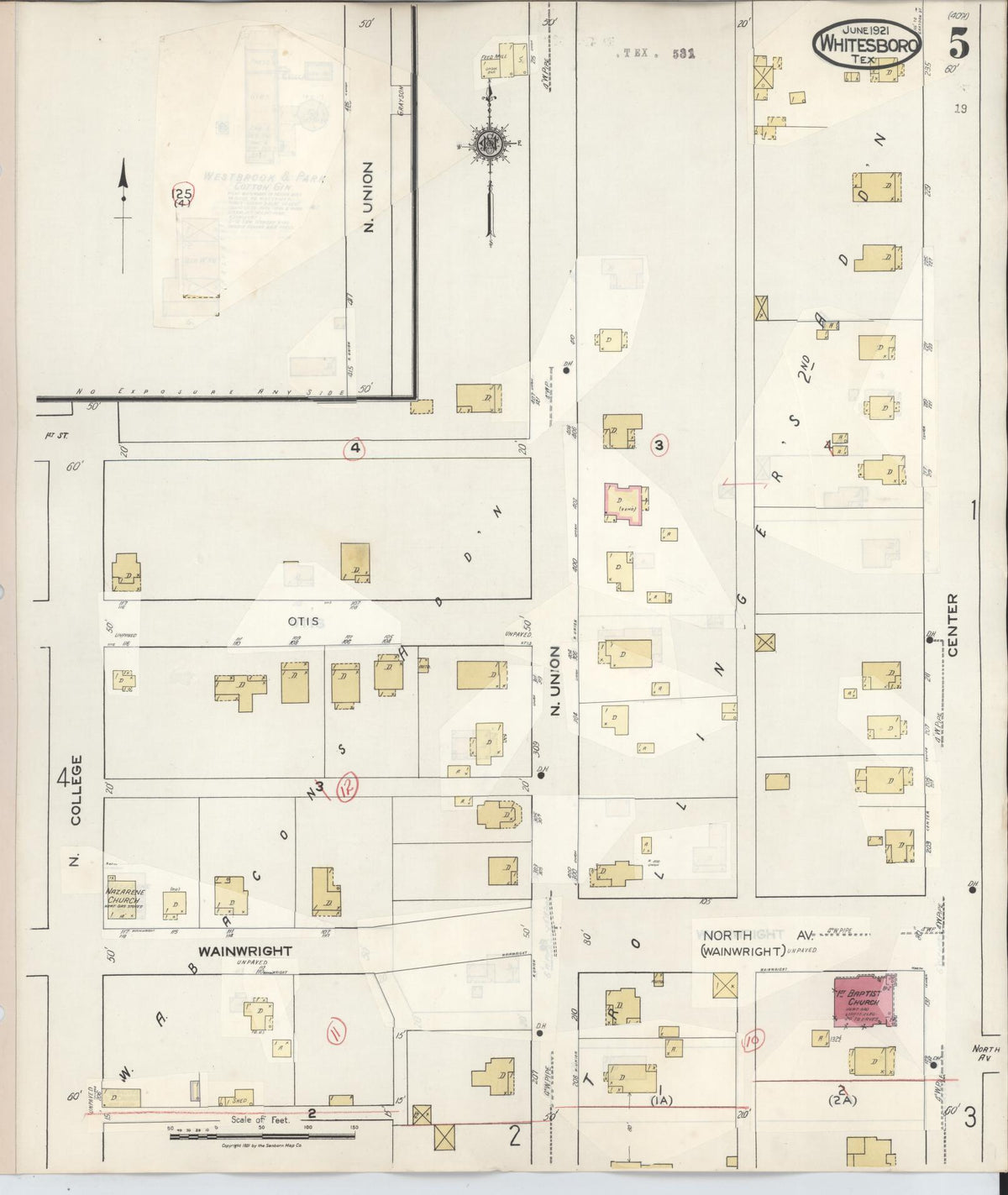 Sanborn Fire Insurance Map from Whitesboro, Grayson County, Texas (1943), Sheet #0005 - Historic Sanborn Fire Insurance Map Print, vintage old map wall art, antique decor, genealogy gift, Texas Texas map