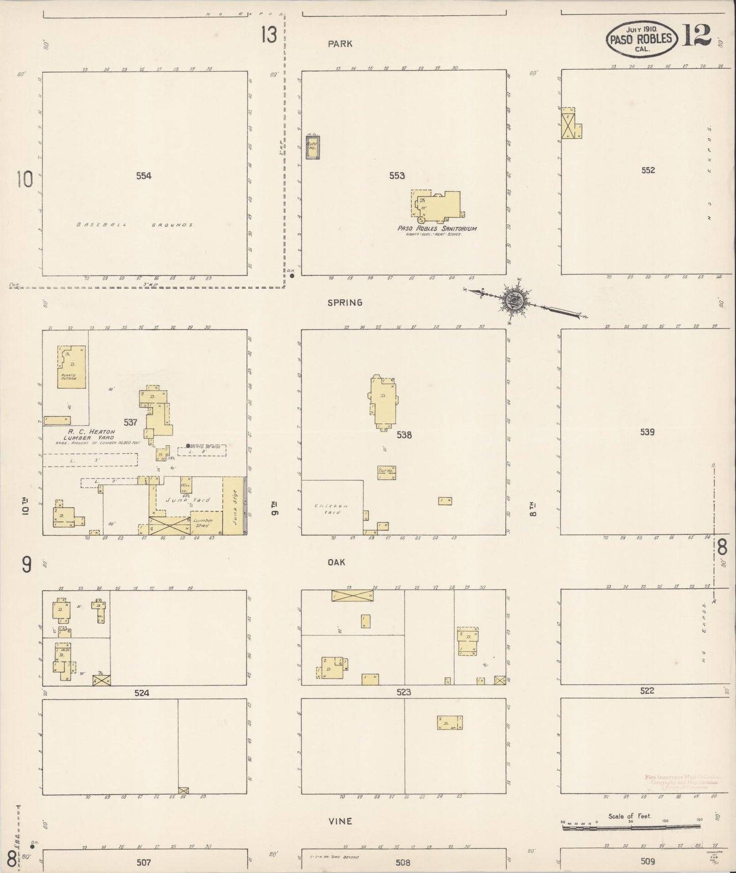 Sanborn Fire Insurance Map from Paso Robles, San Luis Obispo County, California (1910), Sheet #0012 - Complete Map Set gallery image, historic Sanborn map, vintage wall art, California California