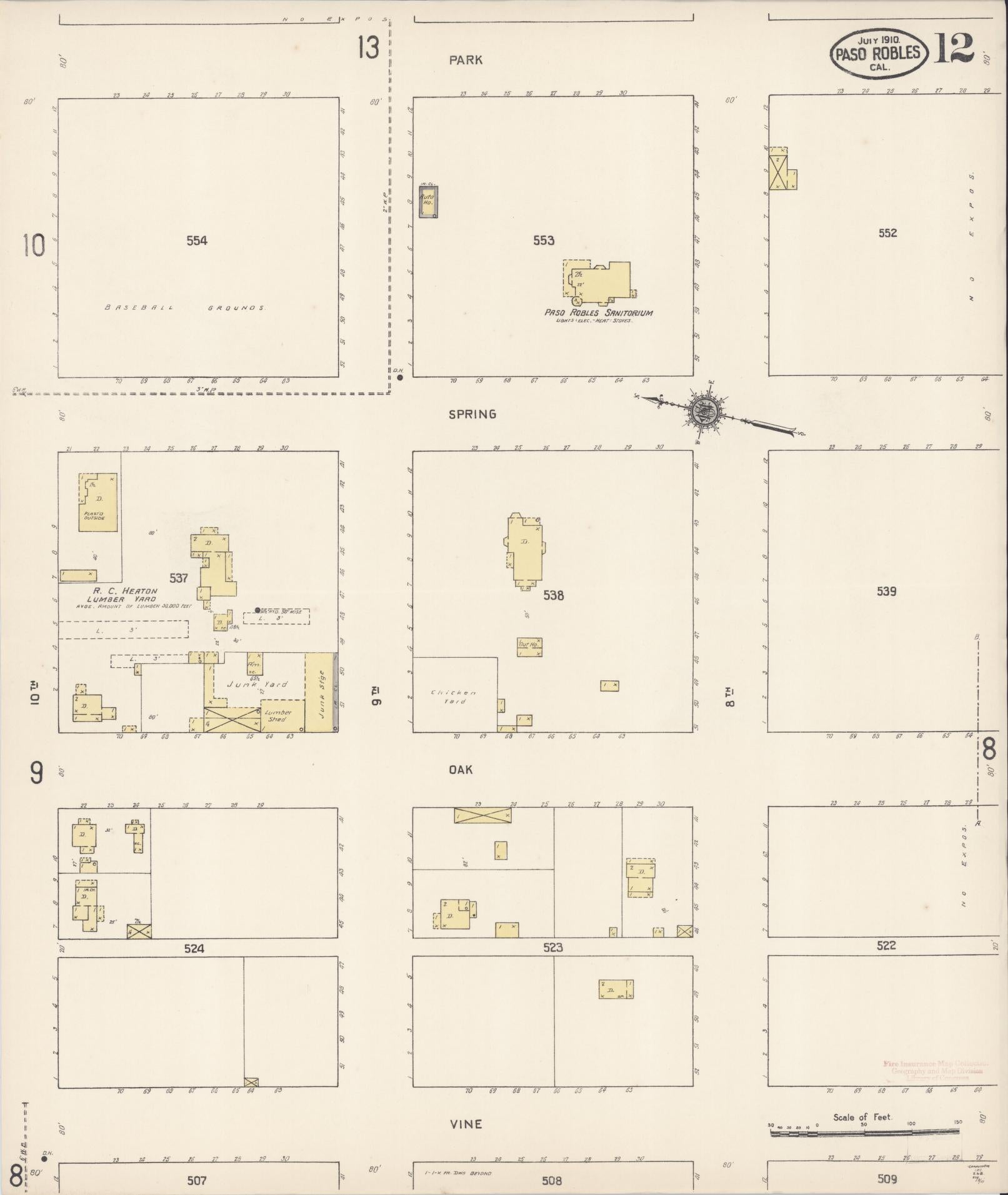 Sanborn Fire Insurance Map from Paso Robles, San Luis Obispo County, California (1910), Sheet #0012 - Complete Map Set gallery image, historic Sanborn map, vintage wall art, California California