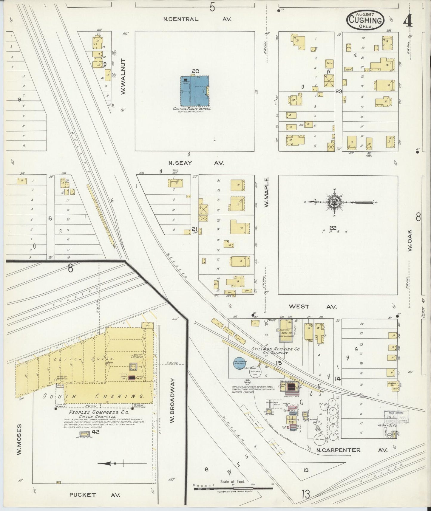 Sanborn Fire Insurance Map from Cushing, Payne County, Oklahoma (1917), Sheet #0004 - Historic Sanborn Fire Insurance Map Print, vintage old map wall art, antique decor, genealogy gift, Oklahoma Oklahoma map