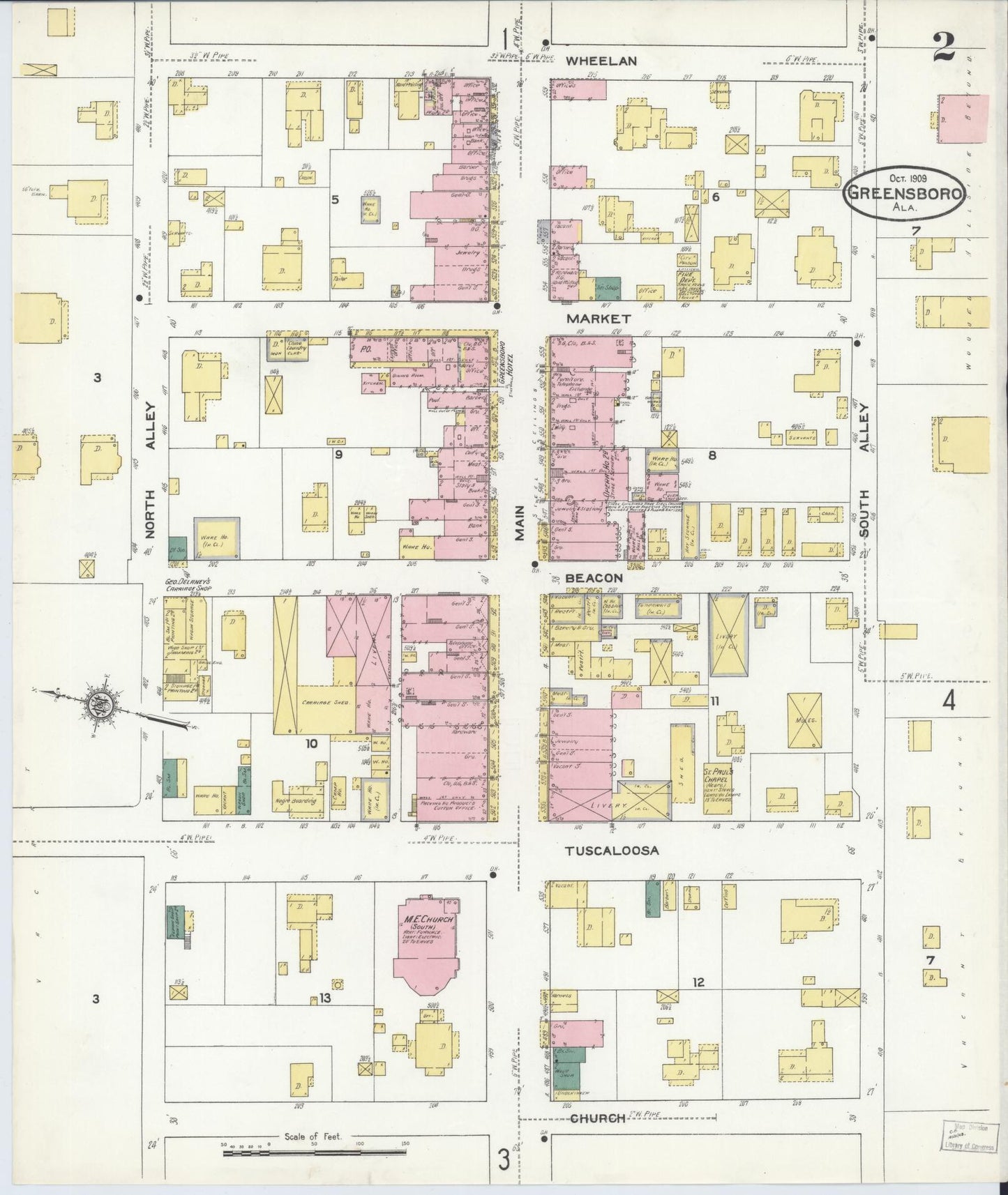 Sanborn Fire Insurance Map from Greensboro, Hale County, Alabama (1909), Sheet #0002 - Historic Sanborn Fire Insurance Map Print, vintage old map wall art, antique decor, genealogy gift, Alabama Alabama map