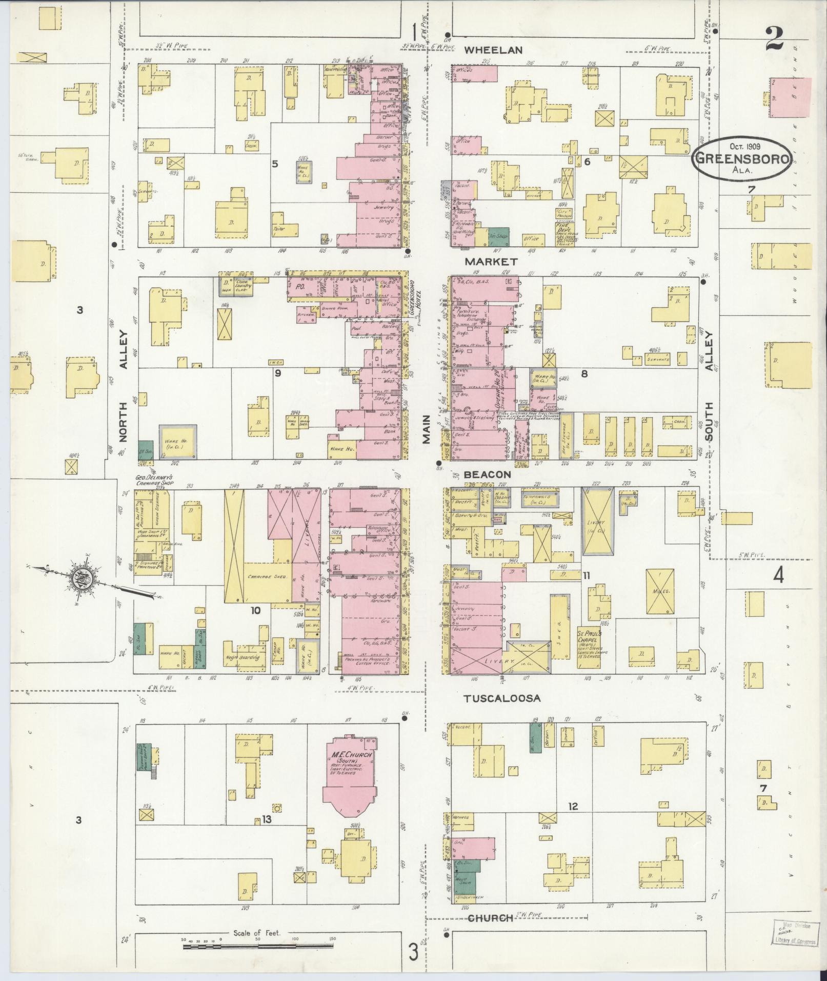 Sanborn Fire Insurance Map from Greensboro, Hale County, Alabama (1909), Sheet #0002 - Historic Sanborn Fire Insurance Map Print, vintage old map wall art, antique decor, genealogy gift, Alabama Alabama map