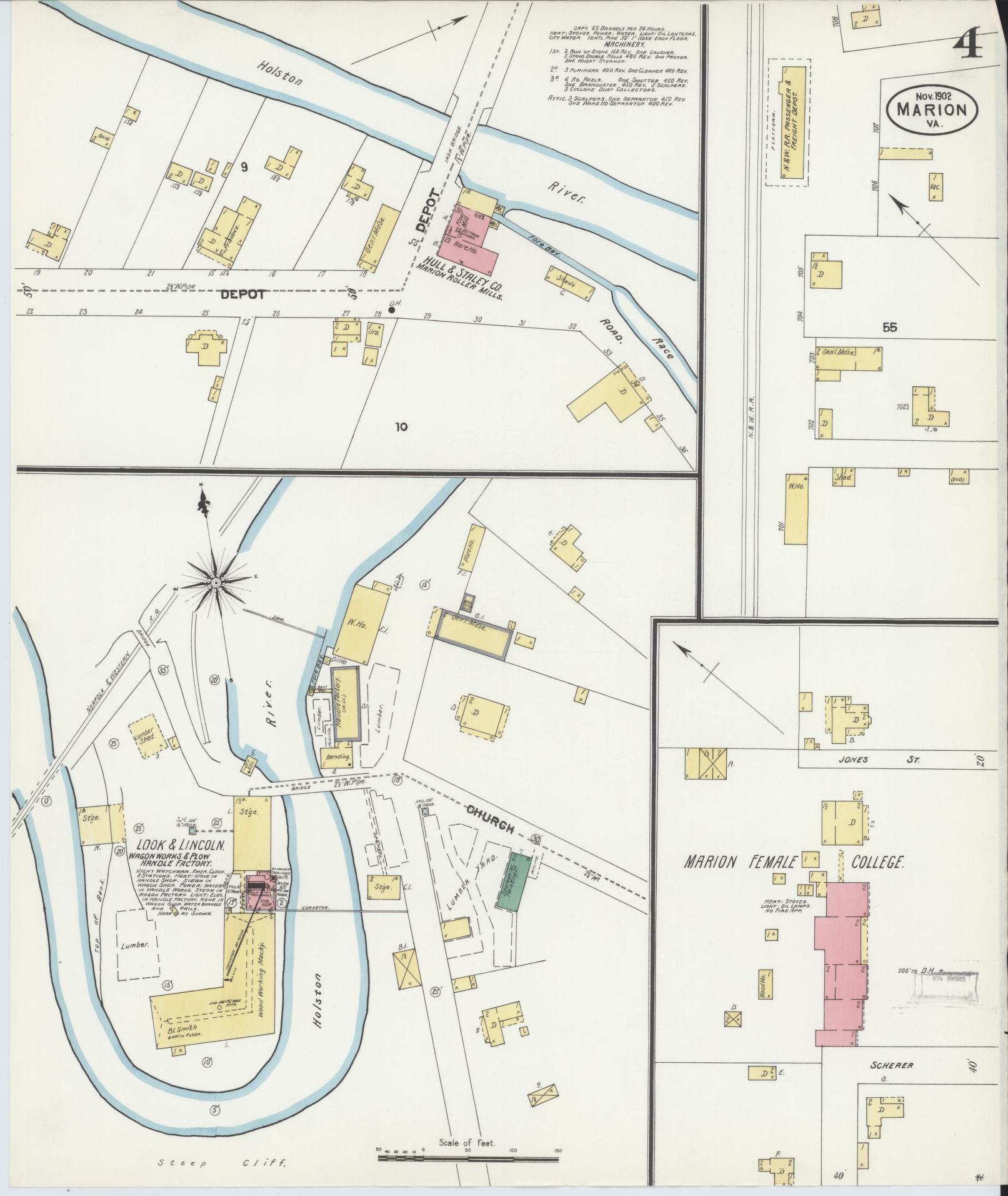Sanborn Fire Insurance Map from Marion, Smyth County, Virginia (1902), Sheet #0004 - Historic Sanborn Fire Insurance Map Print, vintage old map wall art, antique decor, genealogy gift, Virginia Virginia map