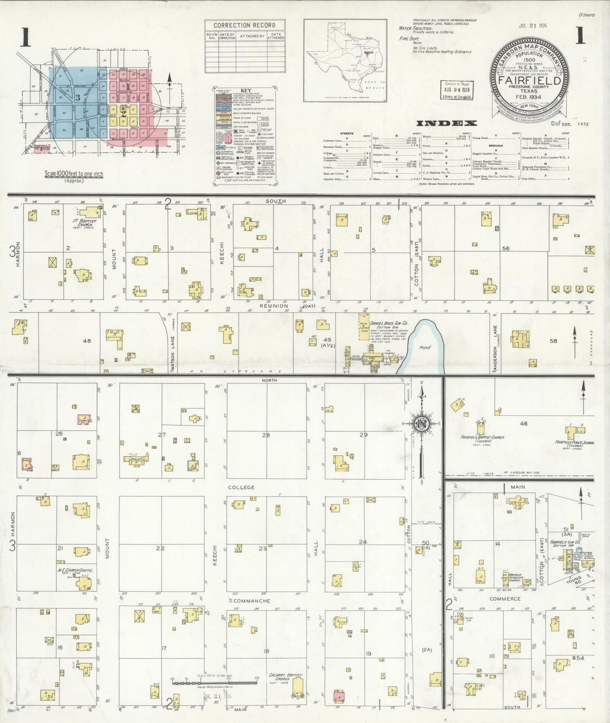 Sanborn Fire Insurance Map from Fairfield, Freestone County, Texas (1934), Sheet #0001 - Complete Map Set gallery image, historic Sanborn map, vintage wall art, Texas Texas