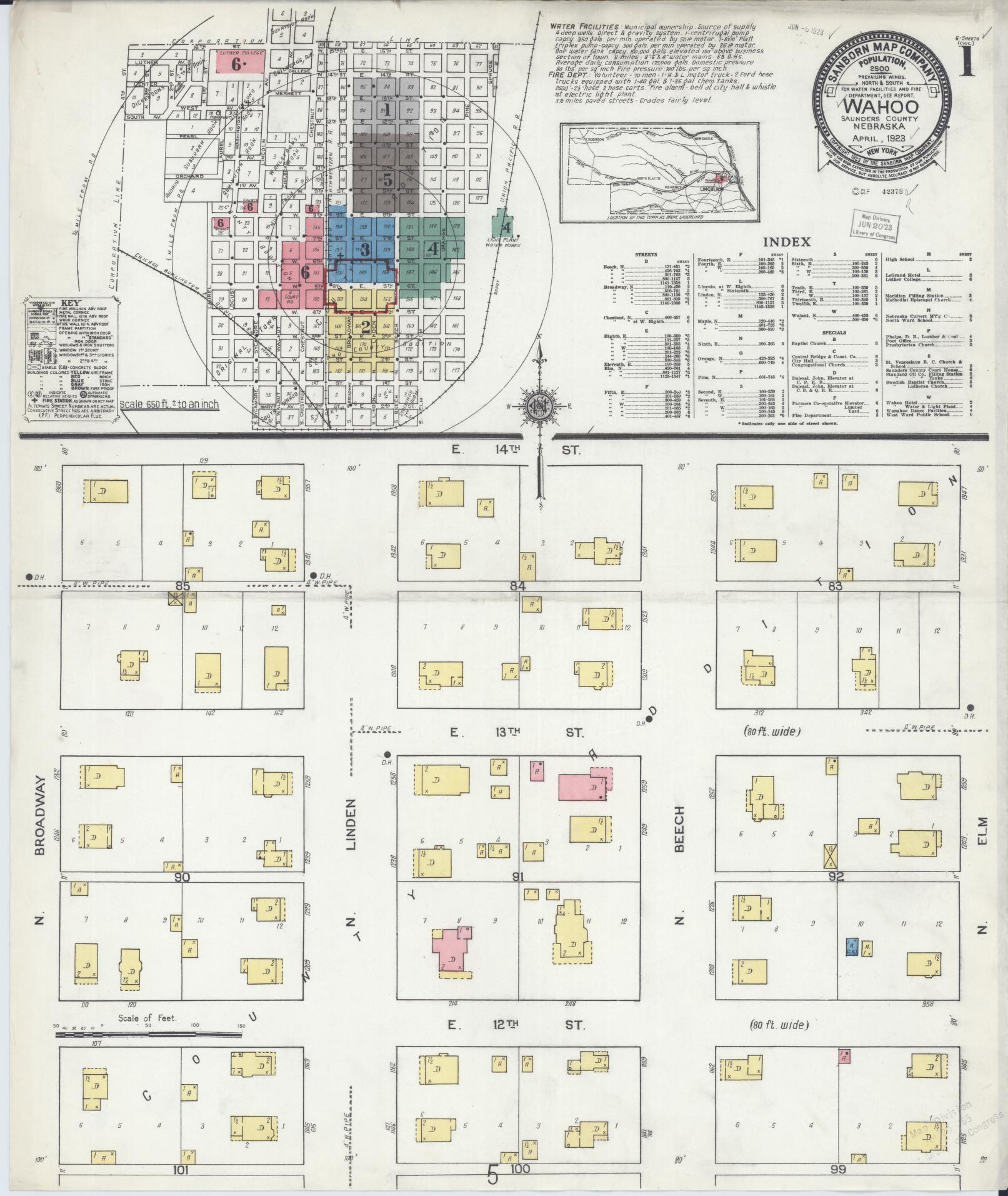 Sanborn Fire Insurance Map from Wahoo, Saunders County, Nebraska (1923), Sheet #0001 - Historic Sanborn Fire Insurance Map Print, vintage old map wall art, antique decor, genealogy gift, Nebraska Nebraska map