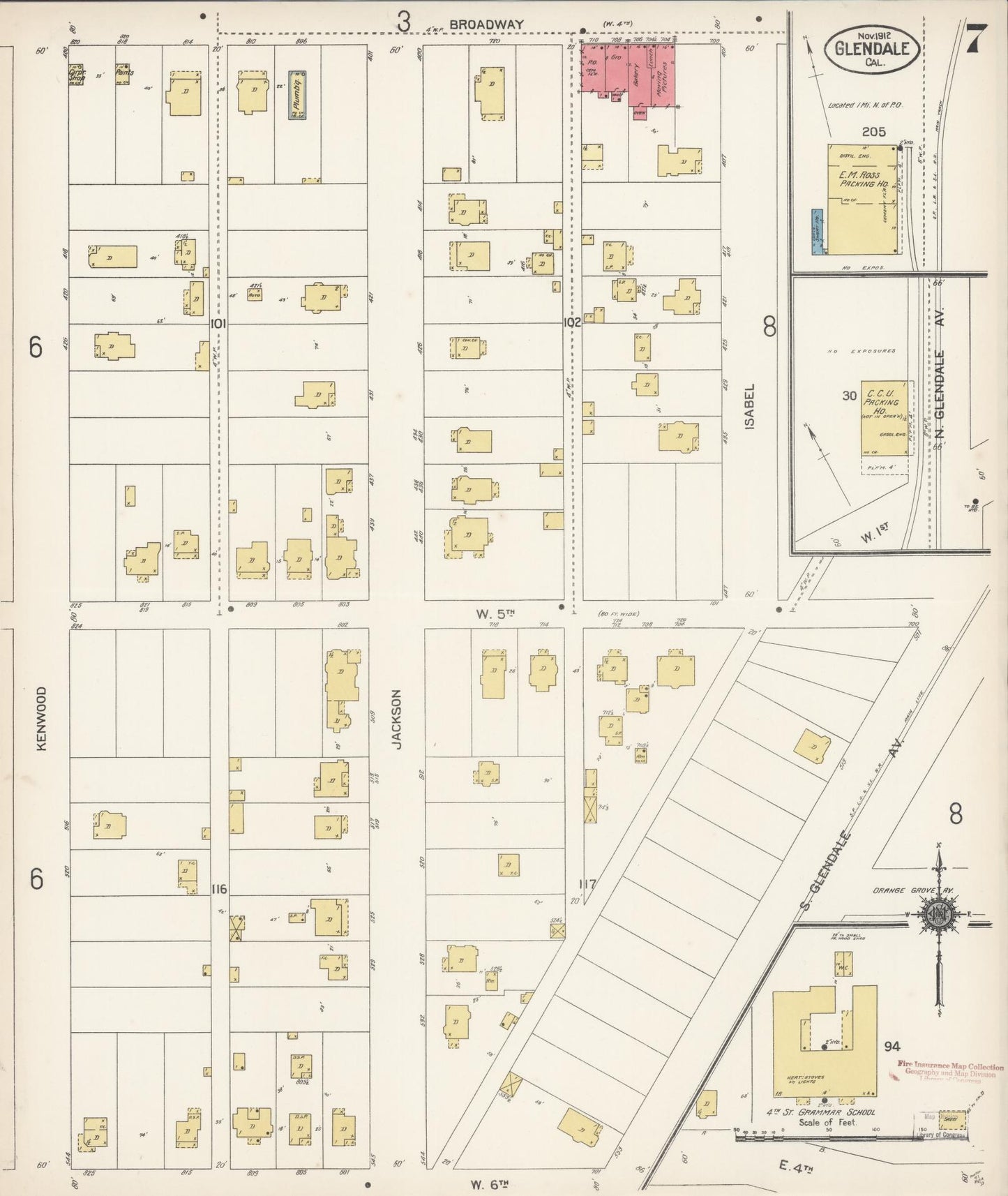 Sanborn Fire Insurance Map from Glendale, Los Angeles County, California (1912), Sheet #0007 - Historic Sanborn Fire Insurance Map Print, vintage old map wall art, antique decor, genealogy gift, California California map