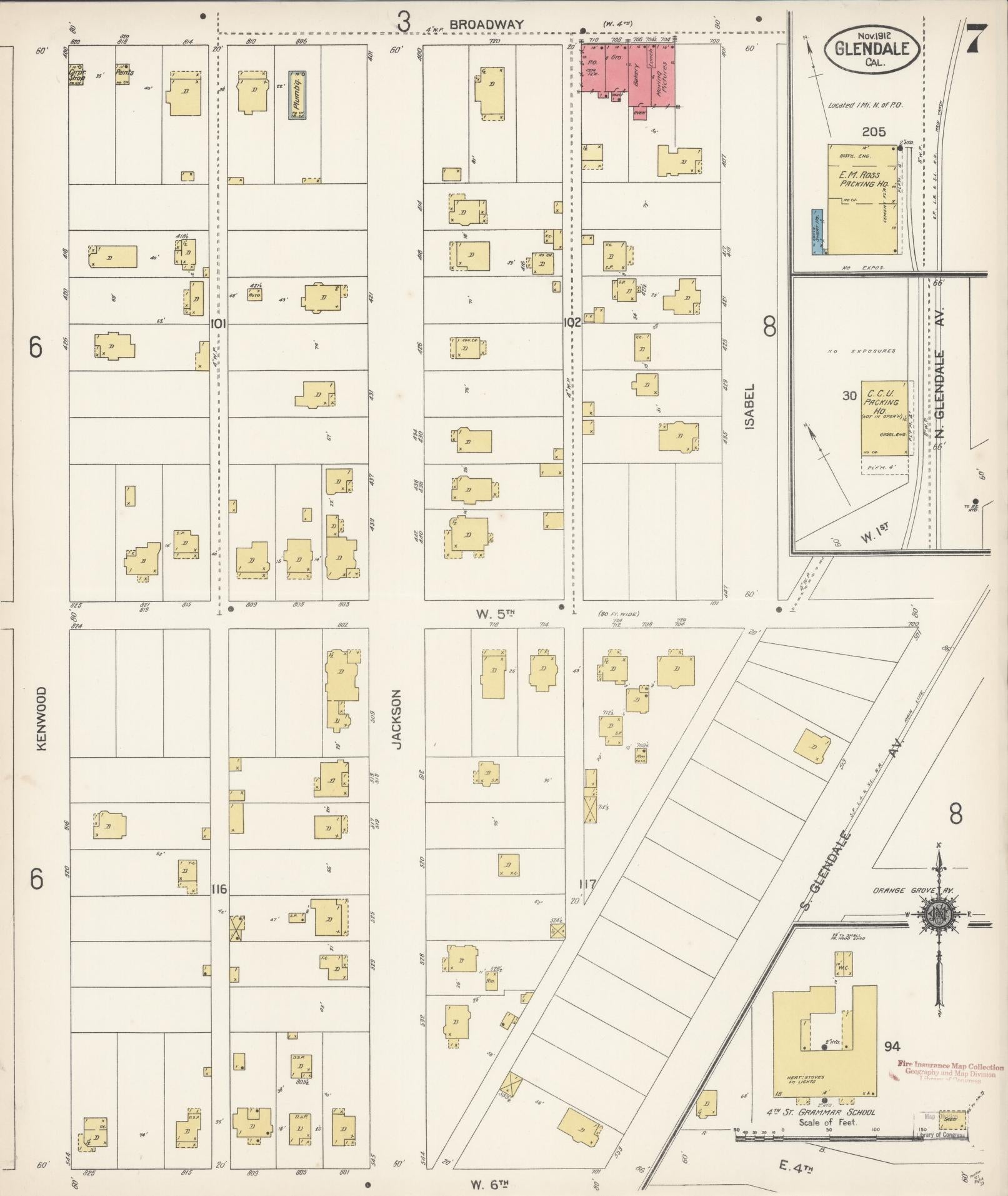Sanborn Fire Insurance Map from Glendale, Los Angeles County, California (1912), Sheet #0007 - Historic Sanborn Fire Insurance Map Print, vintage old map wall art, antique decor, genealogy gift, California California map