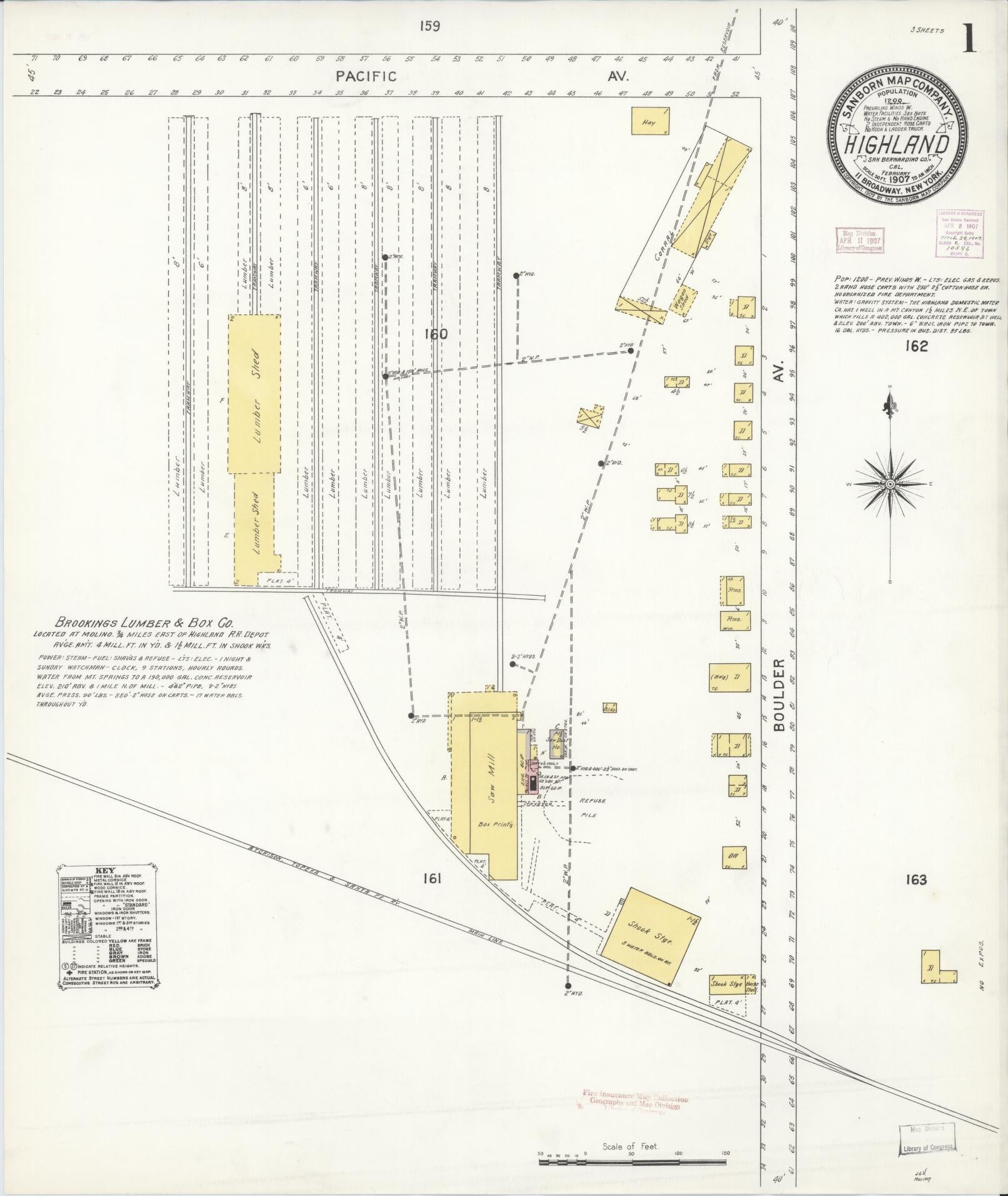 Sanborn Fire Insurance Map from Highland, San Bernardino County, California (1907), Sheet #0001 - Historic Sanborn Fire Insurance Map Print, vintage old map wall art, antique decor, genealogy gift, California California map