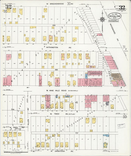 Sanborn Fire Insurance Map from Royal Oak, Oakland County, Michigan (1926), Sheet #0032 - Historic Sanborn Fire Insurance Map Print, vintage old map wall art, antique decor, genealogy gift, Michigan Michigan map
