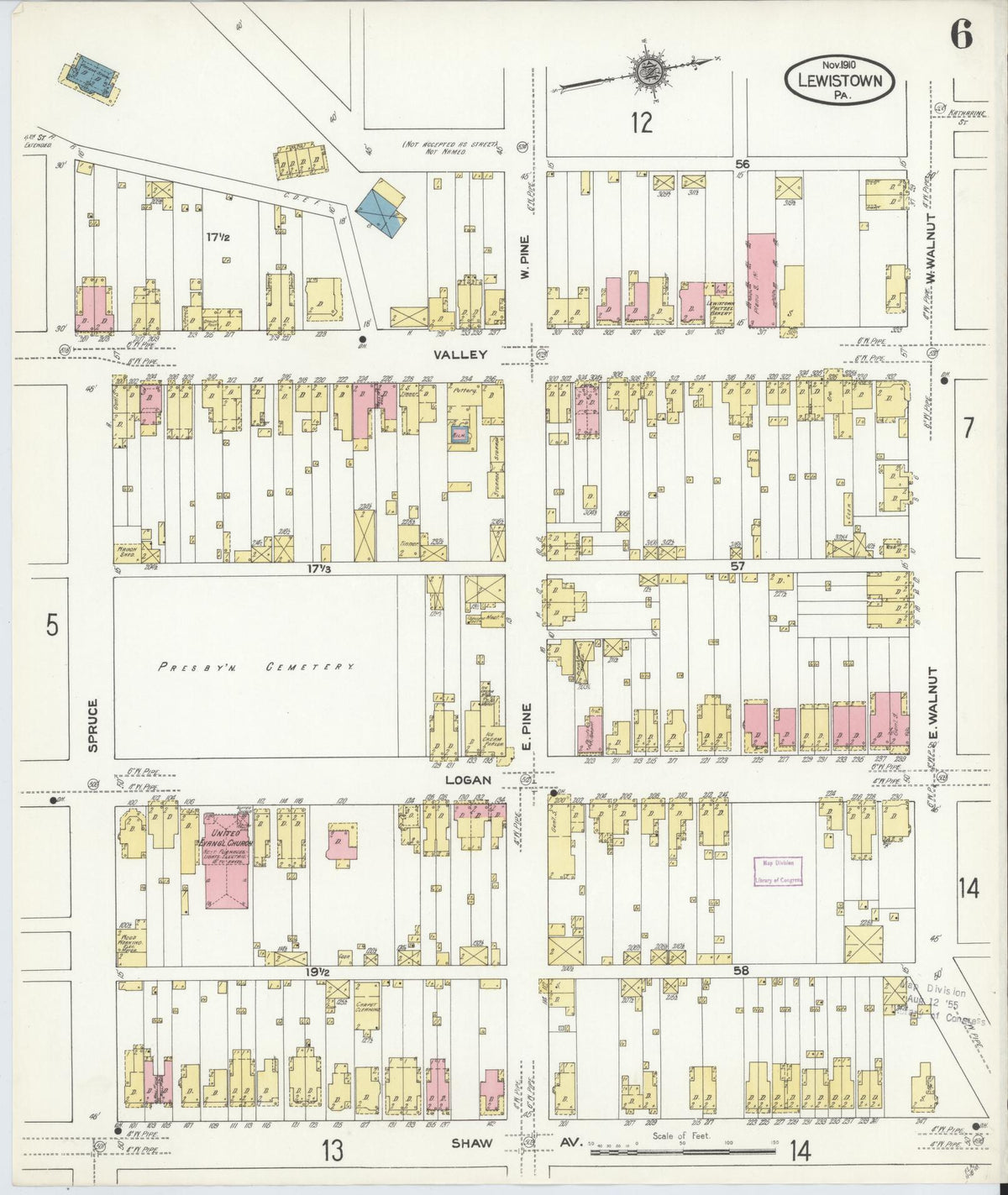 Sanborn Fire Insurance Map from Lewistown, Mifflin County, Pennsylvania (1910), Sheet #0006 - Historic Sanborn Fire Insurance Map Print, vintage old map wall art, antique decor, genealogy gift, Pennsylvania Pennsylvania map