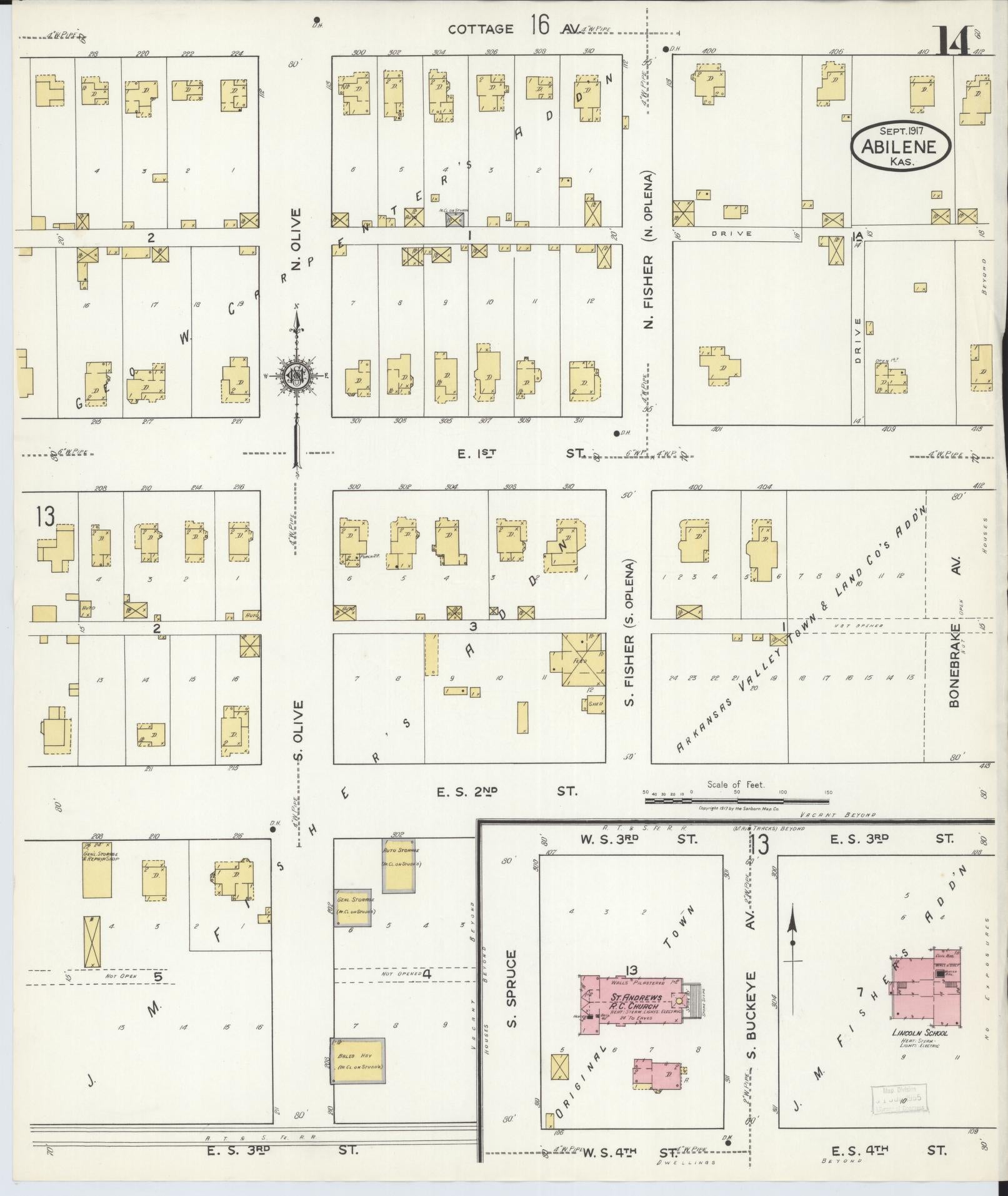 Sanborn Fire Insurance Map from Abilene, Dickinson County, Kansas (1917), Sheet #0014 - Historic Sanborn Fire Insurance Map Print, vintage old map wall art, antique decor, genealogy gift, Kansas Kansas map