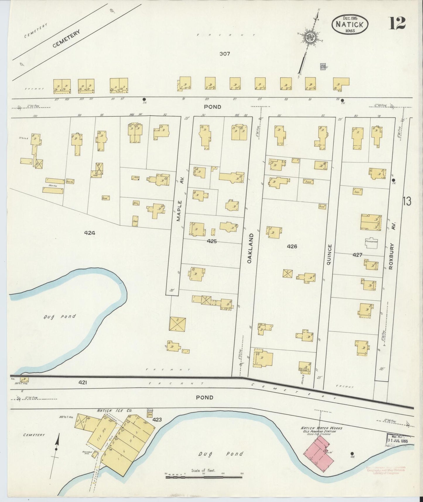 Sanborn Fire Insurance Map from Natick, Middlesex County, Massachusetts (1915), Sheet #0012 - Historic Sanborn Fire Insurance Map Print, vintage old map wall art, antique decor, genealogy gift, Massachusetts Massachusetts map