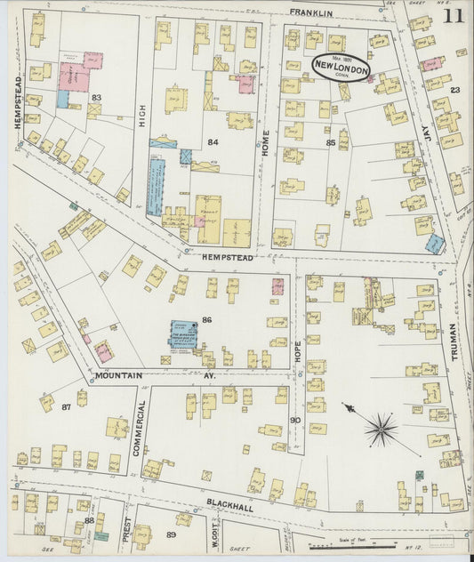Sanborn Fire Insurance Map from New London, New London County, Connecticut (1891), Sheet #0011 - Historic Sanborn Fire Insurance Map Print, vintage old map wall art, antique decor, genealogy gift, Connecticut Connecticut map