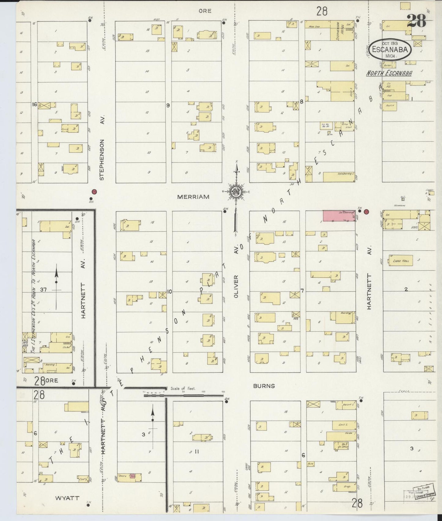 Sanborn Fire Insurance Map from Escanaba, Delta County, Michigan (1913), Sheet #0028 - Historic Sanborn Fire Insurance Map Print, vintage old map wall art, antique decor, genealogy gift, Michigan Michigan map