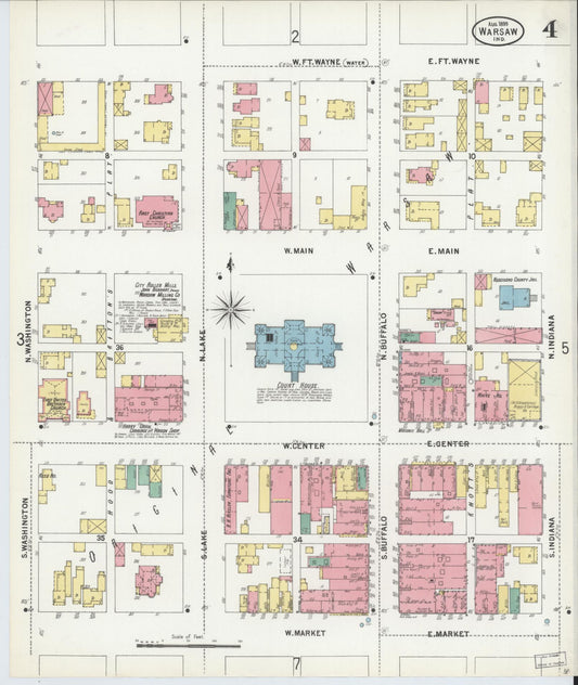 Sanborn Fire Insurance Map from Warsaw, Kosciusko County, Indiana (1899), Sheet #0004 - Historic Sanborn Fire Insurance Map Print, vintage old map wall art, antique decor, genealogy gift, Indiana Indiana map