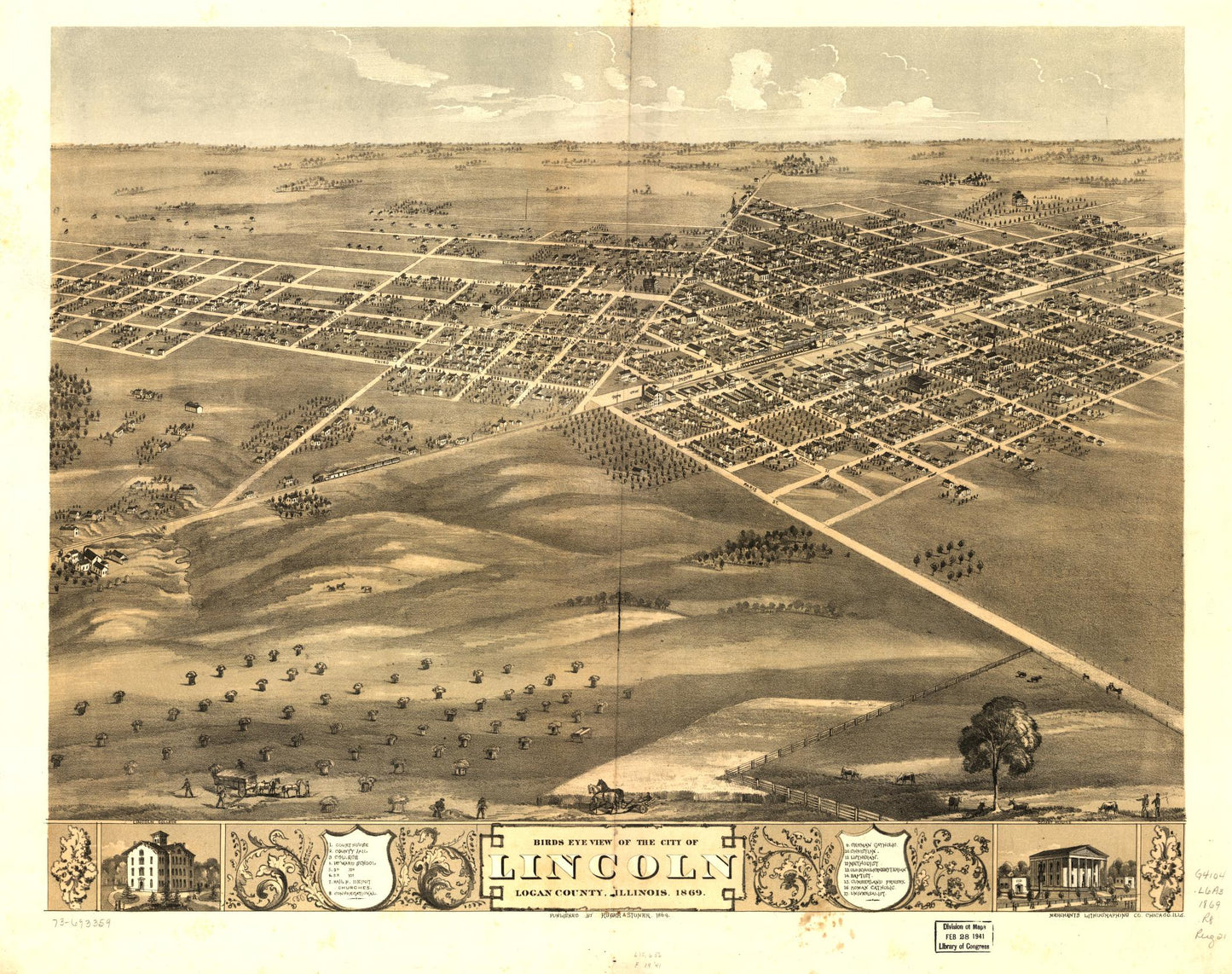 Birds eye view of the city of Lincoln, Logan County, Illinois 1869. (1869) – Historic Bird’s-Eye View Panorama Print