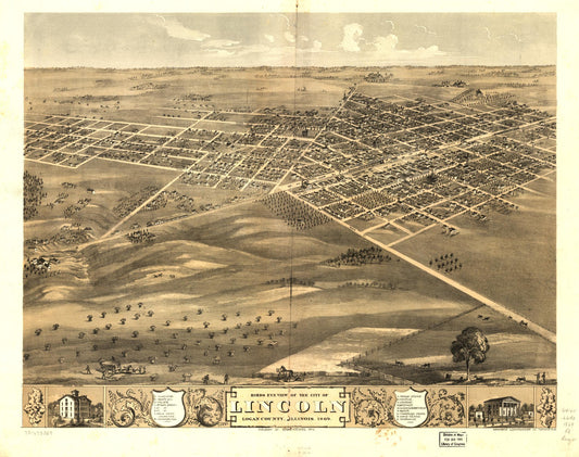 Birds eye view of the city of Lincoln, Logan County, Illinois 1869. (1869) – Historic Bird’s-Eye View Panorama Print