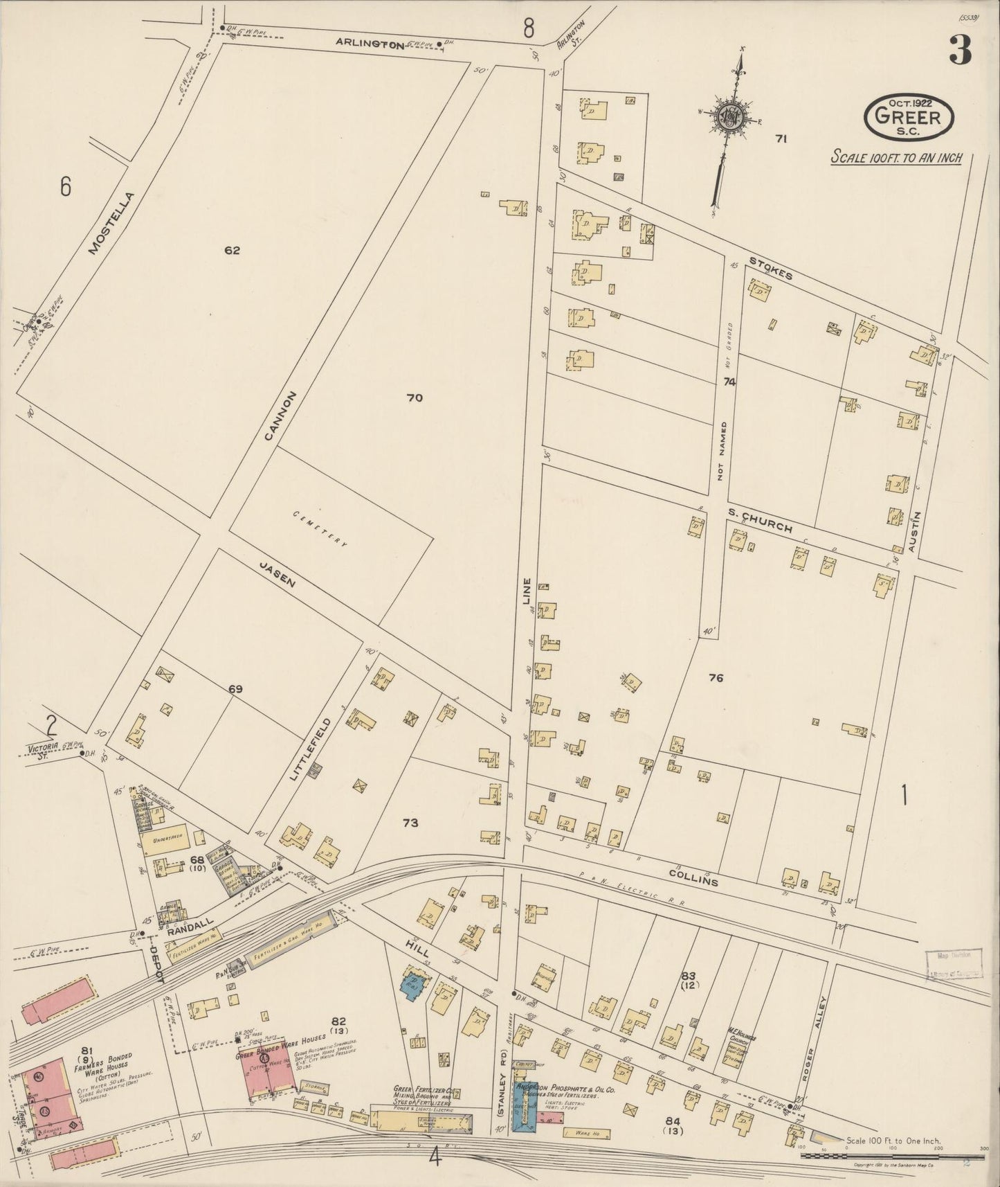 Sanborn Fire Insurance Map from Greer, Greenville and Spartanburg Counties, South Carolina (1922), Sheet #0003 - Complete Map Set gallery image, historic Sanborn map, vintage wall art, South Carolina South Carolina