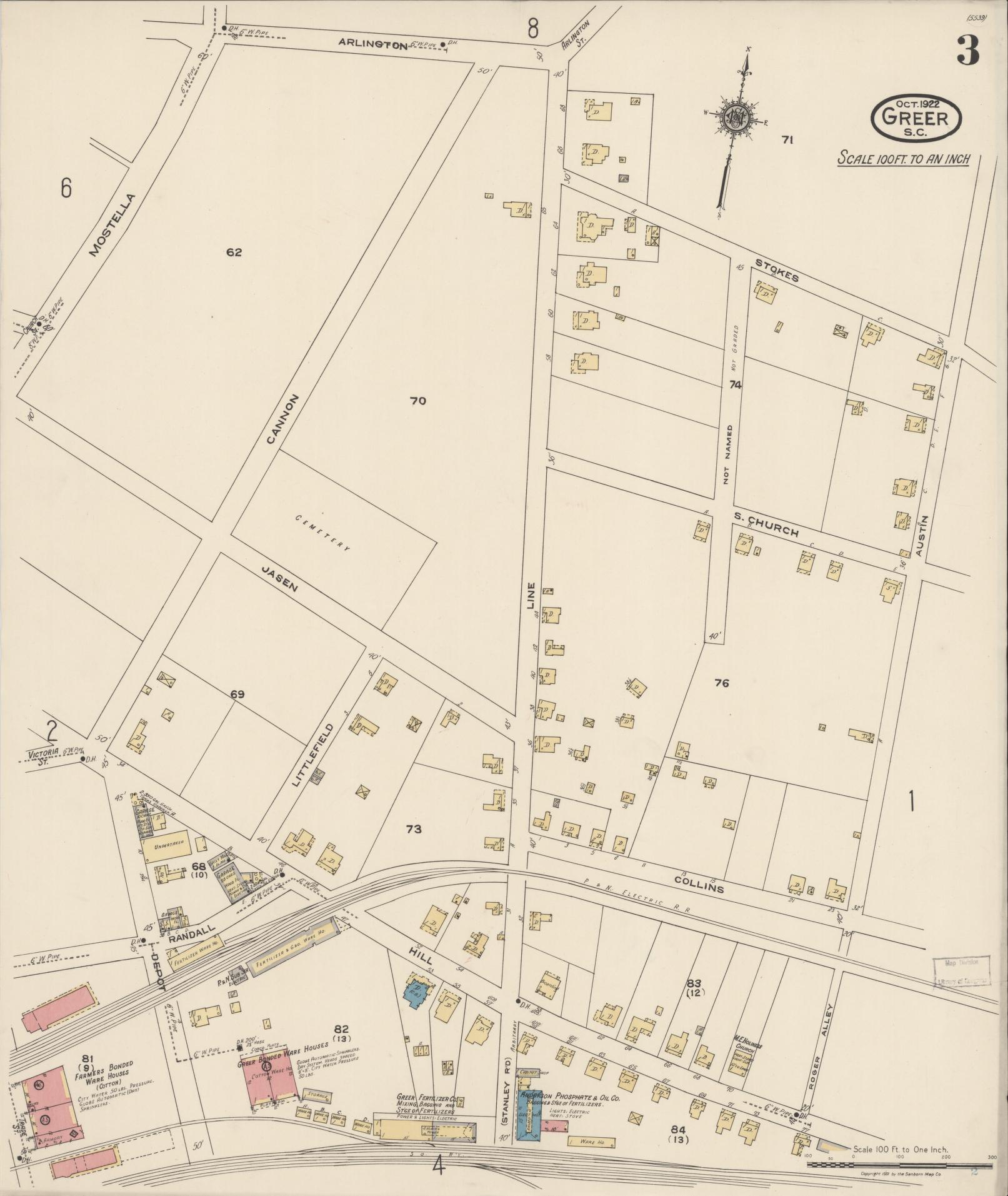 Sanborn Fire Insurance Map from Greer, Greenville and Spartanburg Counties, South Carolina (1922), Sheet #0003 - Complete Map Set gallery image, historic Sanborn map, vintage wall art, South Carolina South Carolina