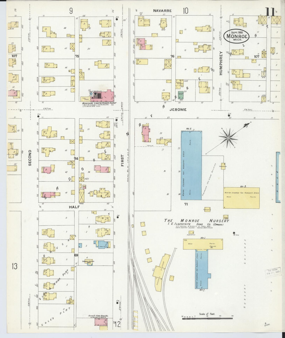 Sanborn Fire Insurance Map from Monroe, Monroe County, Michigan (1908), Sheet #0011 - Historic Sanborn Fire Insurance Map Print, vintage old map wall art, antique decor, genealogy gift, Michigan Michigan map