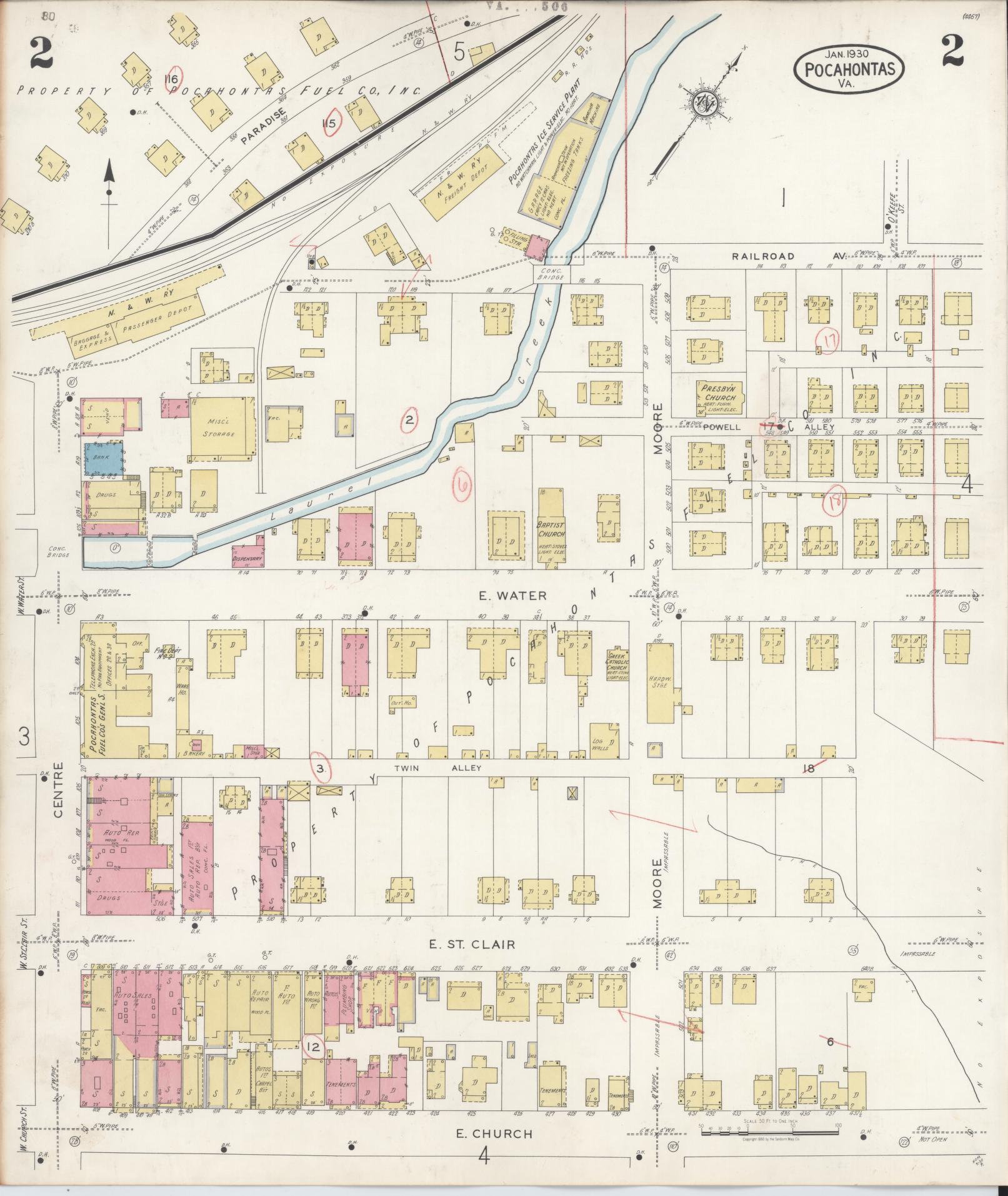 Sanborn Fire Insurance Map from Pocahontas, Tazewell County, Virginia (1930), Sheet #0002 - Complete Map Set gallery image, historic Sanborn map, vintage wall art, Virginia Virginia