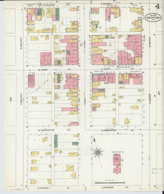 Sanborn Fire Insurance Map from Watertown, Codington County, South Dakota (1904), Sheet #0004 - Historic Sanborn Fire Insurance Map Print, vintage old map wall art, antique decor, genealogy gift, South Dakota South Dakota map