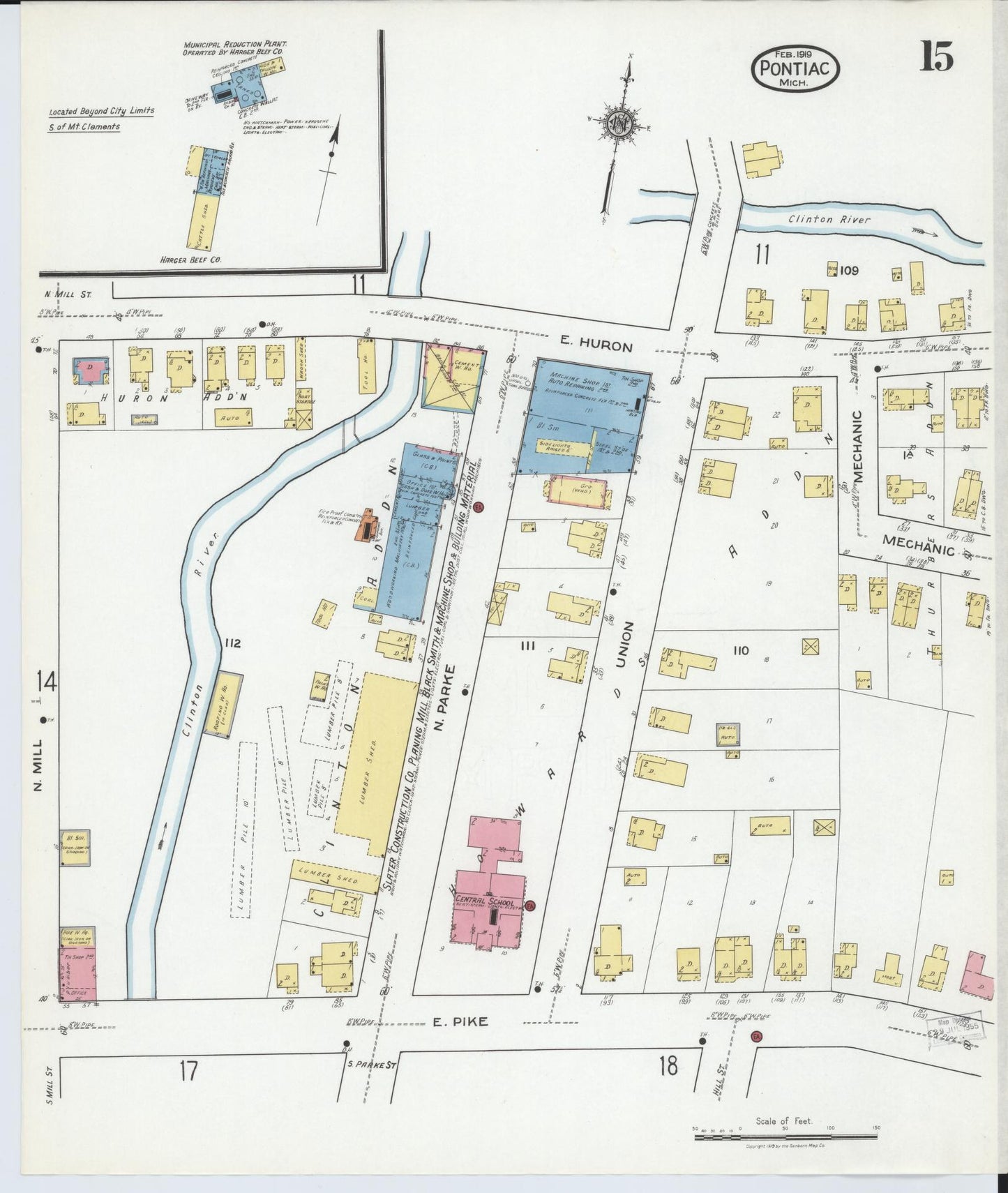 Sanborn Fire Insurance Map from Pontiac, Oakland County, Michigan (1919), Sheet #0015 - Historic Sanborn Fire Insurance Map Print, vintage old map wall art, antique decor, genealogy gift, Michigan Michigan map