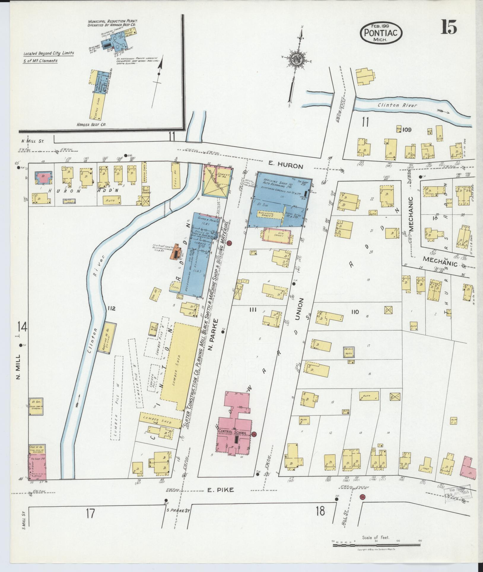 Sanborn Fire Insurance Map from Pontiac, Oakland County, Michigan (1919), Sheet #0015 - Historic Sanborn Fire Insurance Map Print, vintage old map wall art, antique decor, genealogy gift, Michigan Michigan map