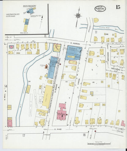 Sanborn Fire Insurance Map from Pontiac, Oakland County, Michigan (1919), Sheet #0015 - Historic Sanborn Fire Insurance Map Print, vintage old map wall art, antique decor, genealogy gift, Michigan Michigan map