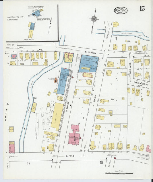 Sanborn Fire Insurance Map from Pontiac, Oakland County, Michigan (1919), Sheet #0015 - Historic Sanborn Fire Insurance Map Print, vintage old map wall art, antique decor, genealogy gift, Michigan Michigan map
