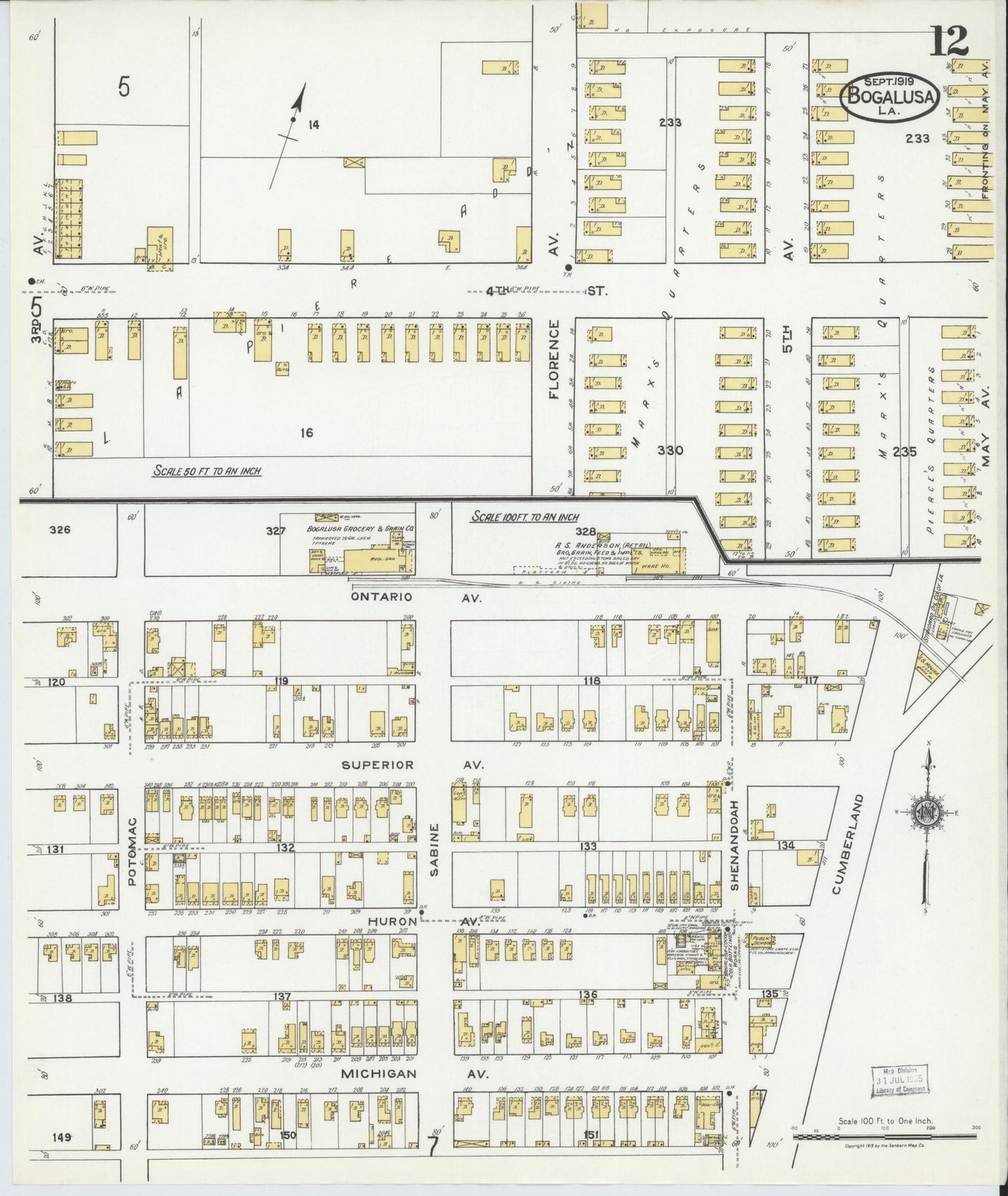 Sanborn Fire Insurance Map from Bogalusa, Washington Parish, Louisiana (1919), Sheet #0012 - Historic Sanborn Fire Insurance Map Print, vintage old map wall art, antique decor, genealogy gift, Louisiana Louisiana map