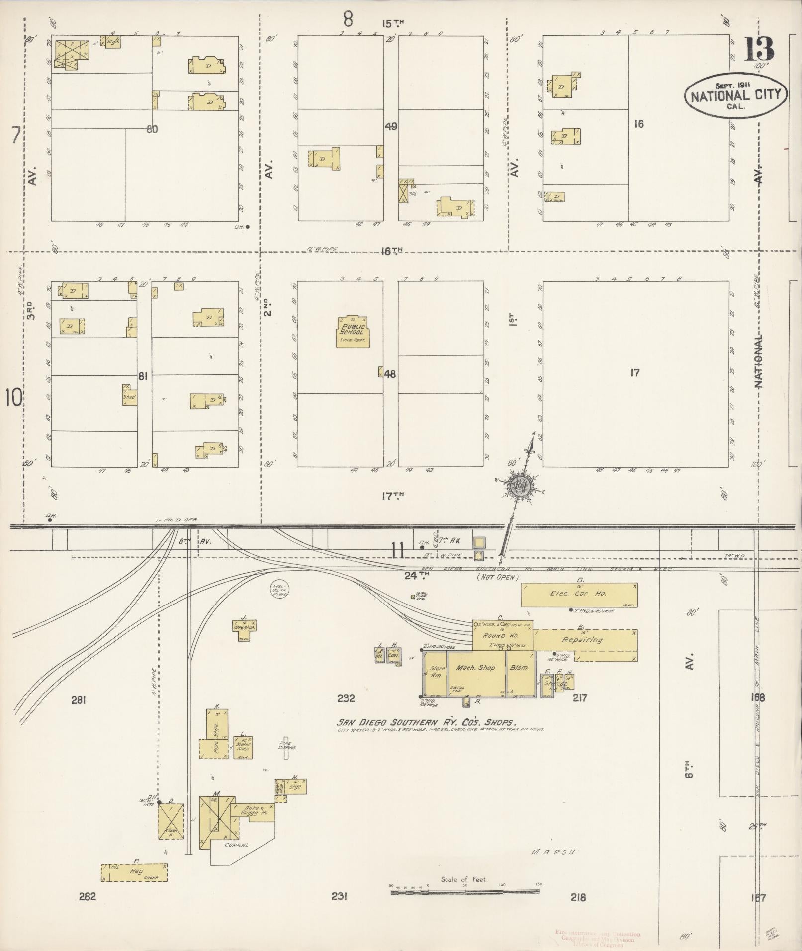 Sanborn Fire Insurance Map from National City, San Diego County, California (1911), Sheet #0013 - Complete Map Set gallery image, historic Sanborn map, vintage wall art, California California