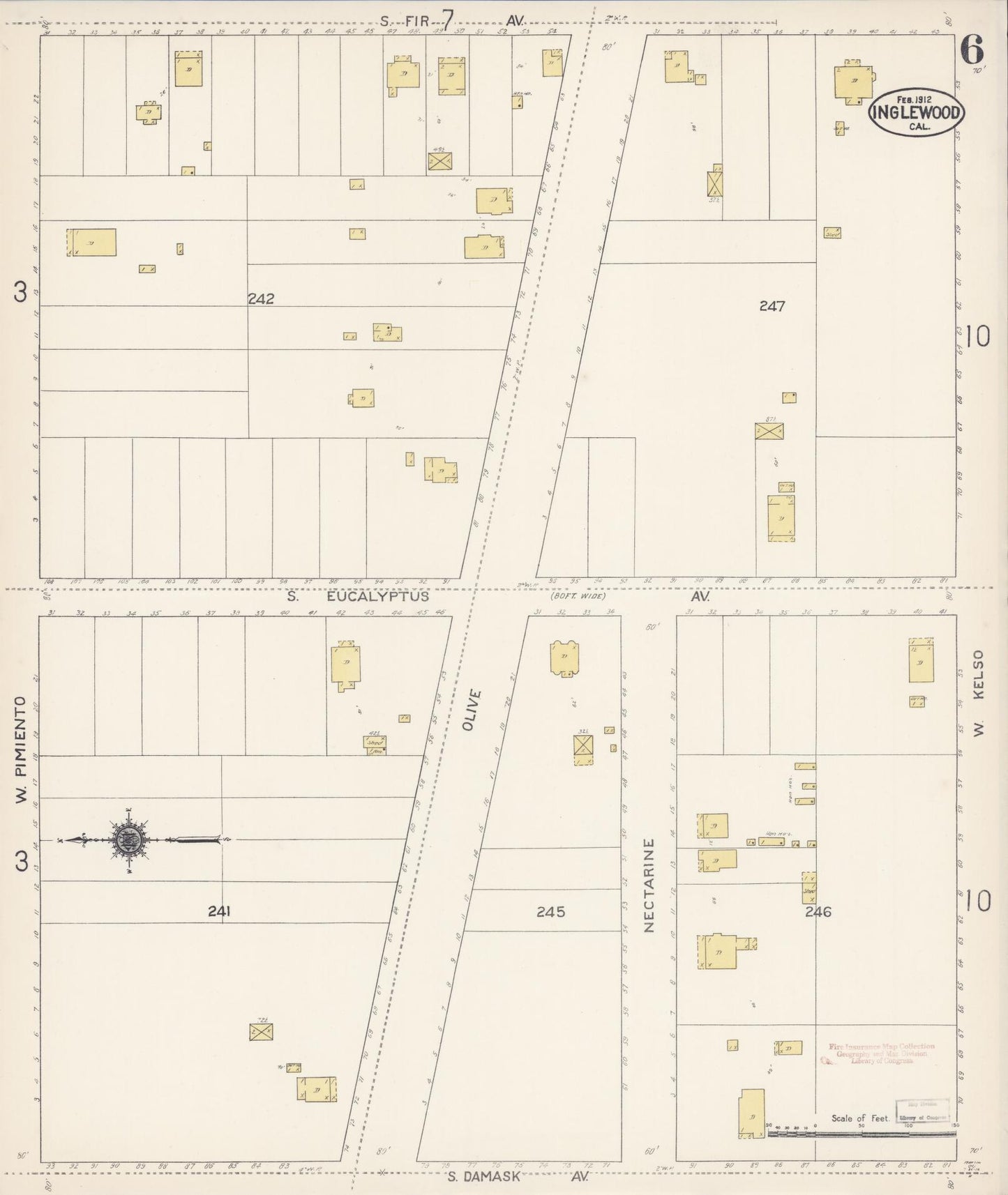Sanborn Fire Insurance Map from Inglewood, Los Angeles County, California (1912), Sheet #0006 - Historic Sanborn Fire Insurance Map Print, vintage old map wall art, antique decor, genealogy gift, California California map