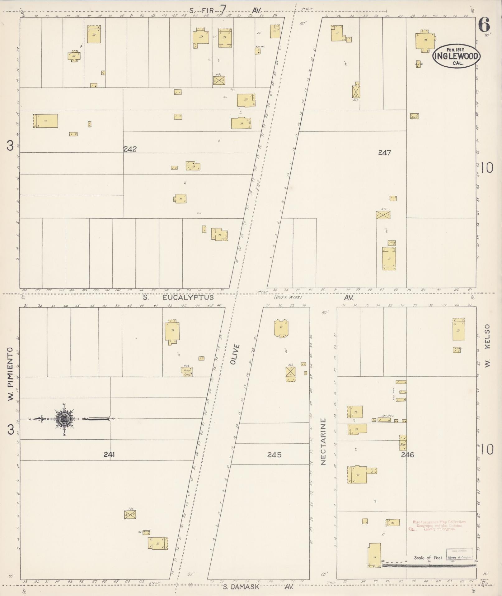 Sanborn Fire Insurance Map from Inglewood, Los Angeles County, California (1912), Sheet #0006 - Historic Sanborn Fire Insurance Map Print, vintage old map wall art, antique decor, genealogy gift, California California map