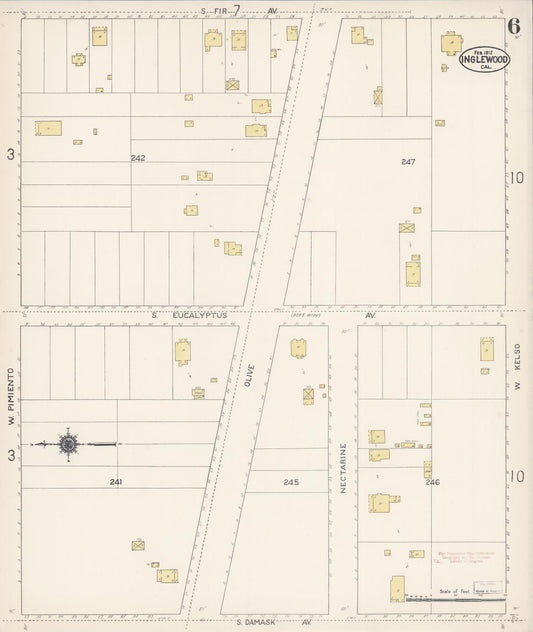 Sanborn Fire Insurance Map from Inglewood, Los Angeles County, California (1912), Sheet #0006 - Historic Sanborn Fire Insurance Map Print, vintage old map wall art, antique decor, genealogy gift, California California map