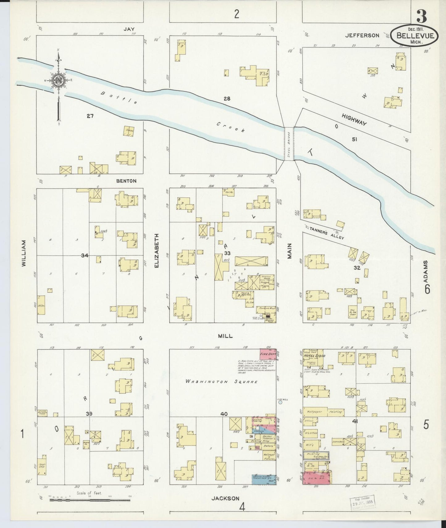 Sanborn Fire Insurance Map from Bellevue, Eaton County, Michigan (1911), Sheet #0003 - Historic Sanborn Fire Insurance Map Print, vintage old map wall art, antique decor, genealogy gift, Michigan Michigan map