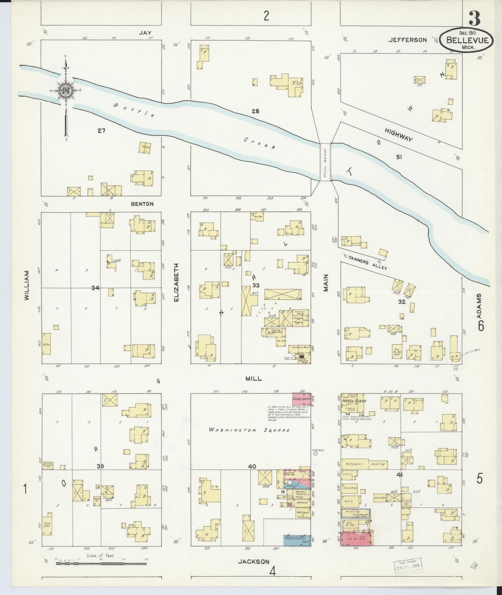 Sanborn Fire Insurance Map from Bellevue, Eaton County, Michigan (1911), Sheet #0003 - Historic Sanborn Fire Insurance Map Print, vintage old map wall art, antique decor, genealogy gift, Michigan Michigan map