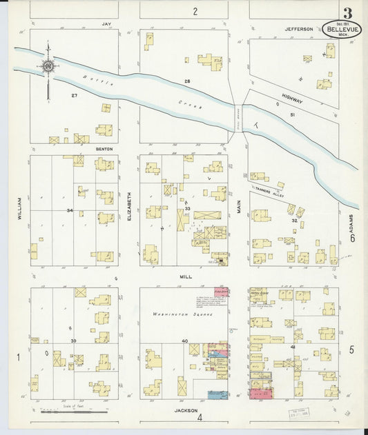 Sanborn Fire Insurance Map from Bellevue, Eaton County, Michigan (1911), Sheet #0003 - Historic Sanborn Fire Insurance Map Print, vintage old map wall art, antique decor, genealogy gift, Michigan Michigan map