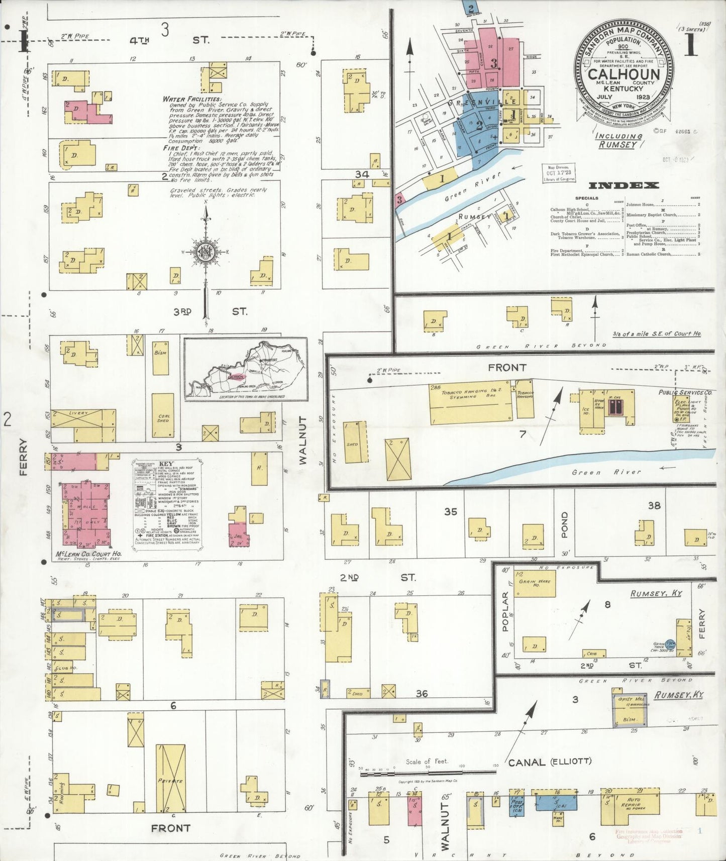 Sanborn Fire Insurance Map from Calhoun, Mclean County, Kentucky (1923), Sheet #0001 - Historic Sanborn Fire Insurance Map Print, vintage old map wall art, antique decor, genealogy gift, Kentucky Kentucky map
