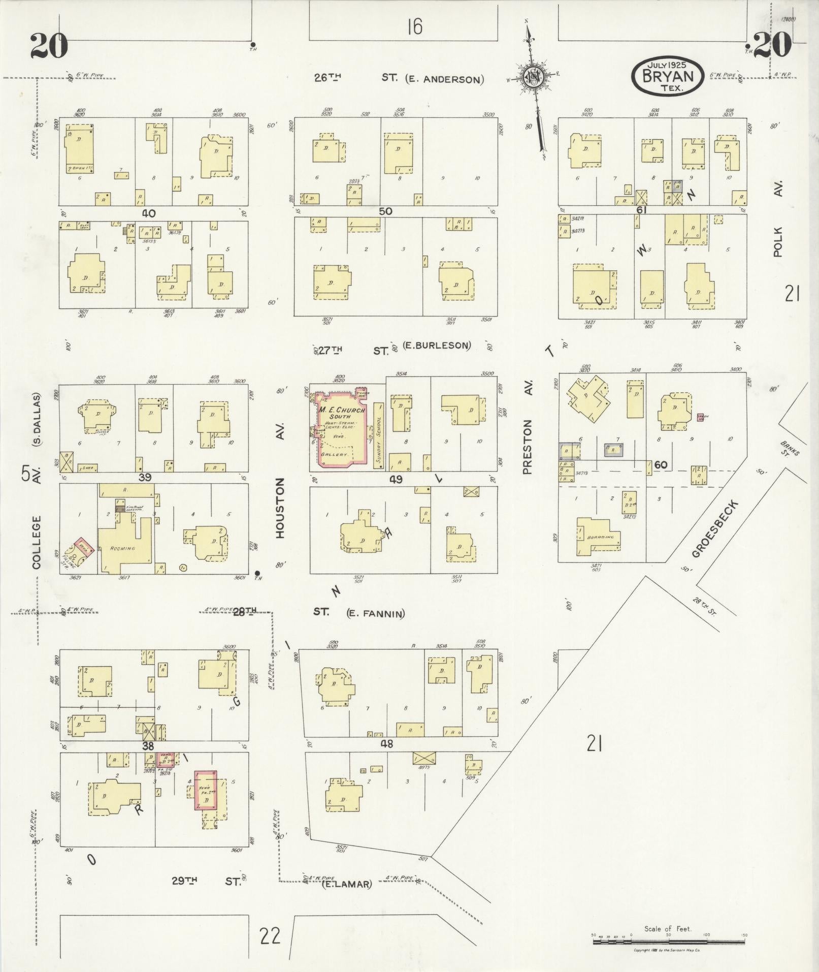 Sanborn Fire Insurance Map from Bryan, Brazos County, Texas (1925), Sheet #0020 - Historic Sanborn Fire Insurance Map Print, vintage old map wall art, antique decor, genealogy gift, Texas Texas map