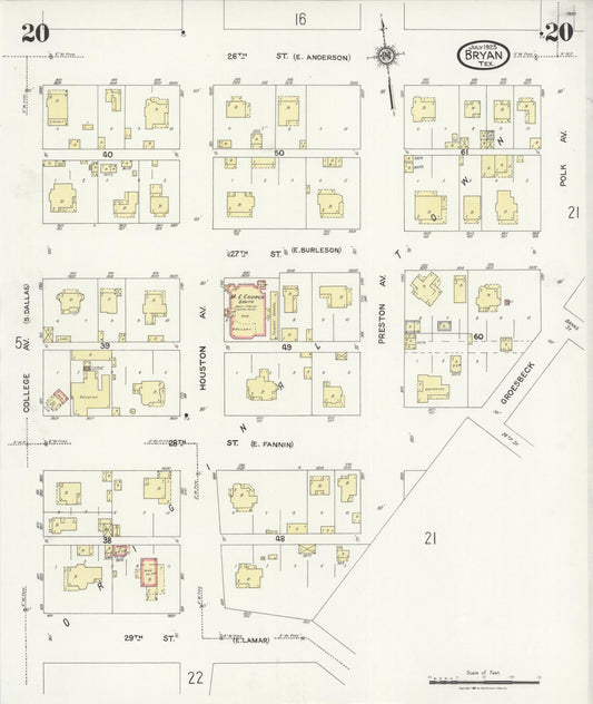 Sanborn Fire Insurance Map from Bryan, Brazos County, Texas (1925), Sheet #0020 - Historic Sanborn Fire Insurance Map Print, vintage old map wall art, antique decor, genealogy gift, Texas Texas map