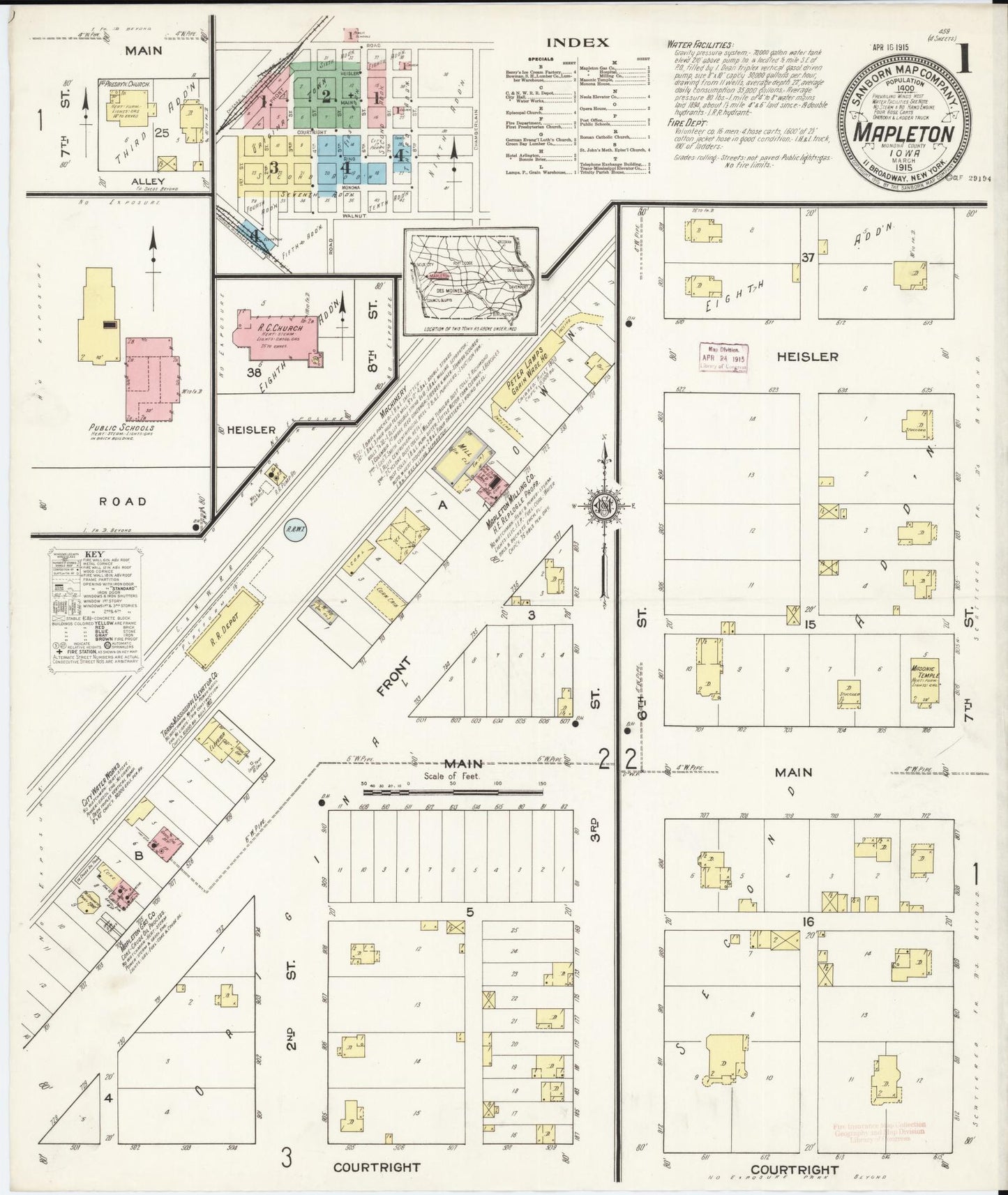 Sanborn Fire Insurance Map from Mapleton, Monona County, Iowa (1915), Sheet #0001 - Historic Sanborn Fire Insurance Map Print, vintage old map wall art