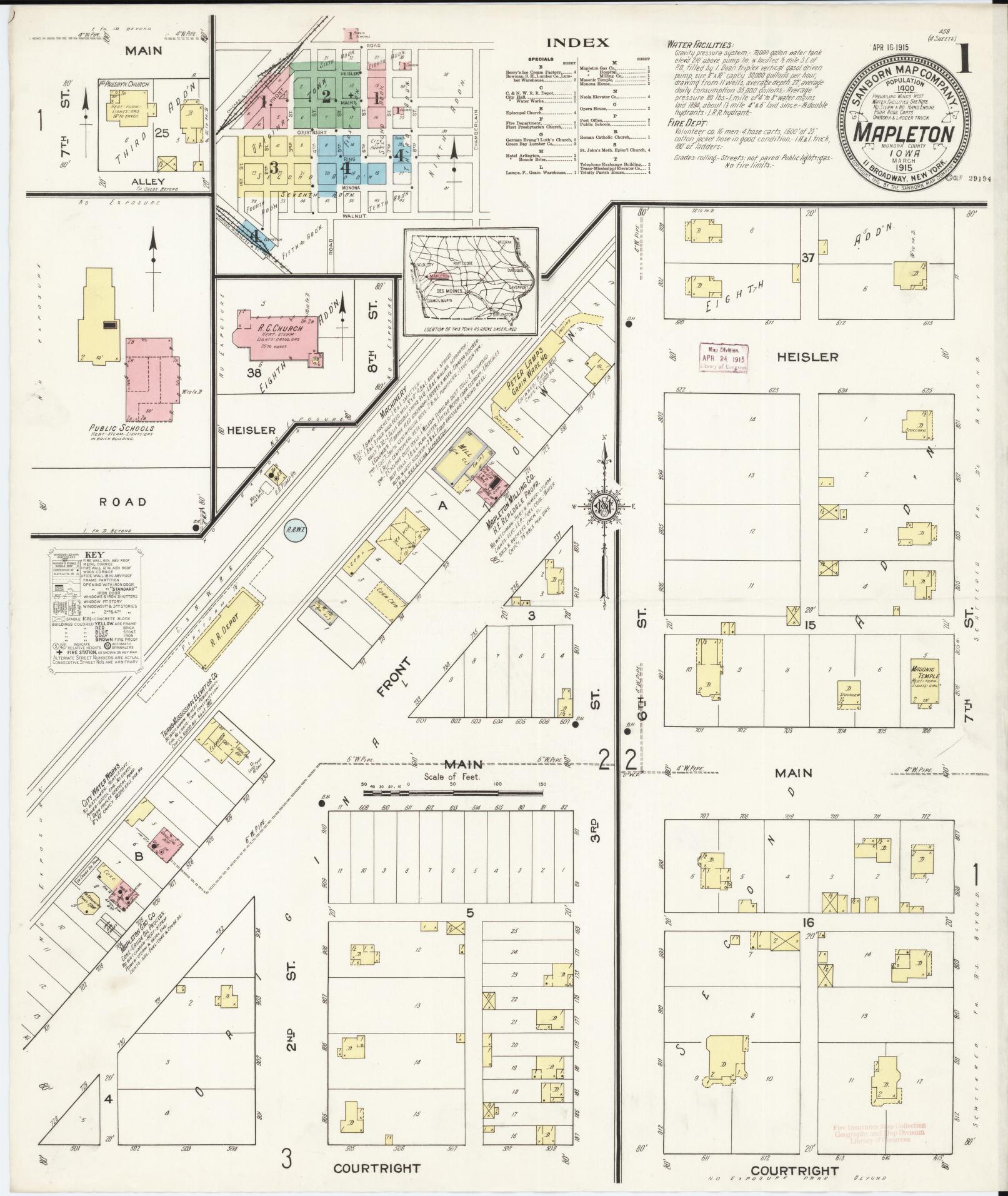 Sanborn Fire Insurance Map from Mapleton, Monona County, Iowa (1915), Sheet #0001 - Historic Sanborn Fire Insurance Map Print, vintage old map wall art