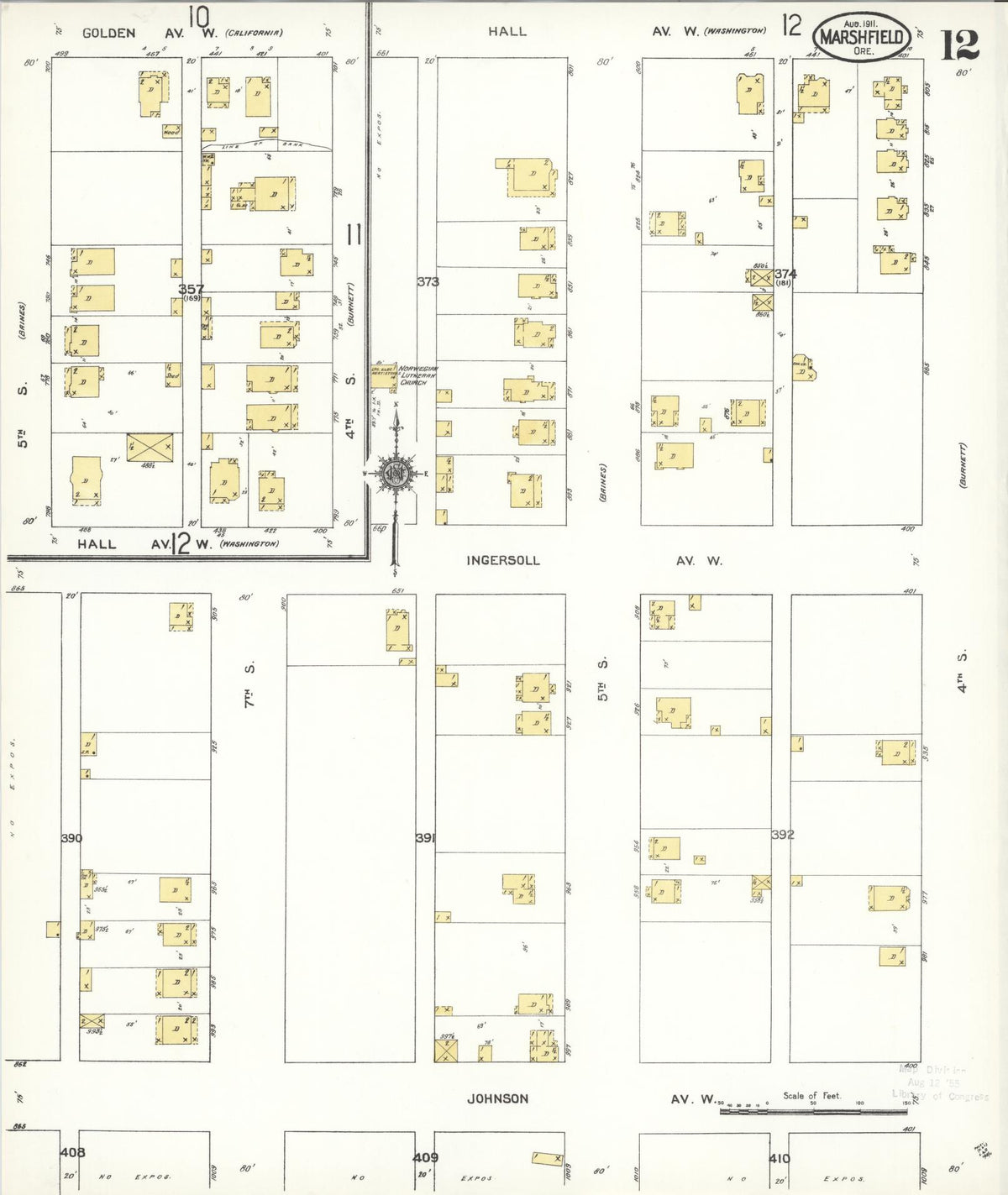 Sanborn Fire Insurance Map from Marshfield, Coos County, Oregon (1911), Sheet #0012 - Historic Sanborn Fire Insurance Map Print, vintage old map wall art, antique decor, genealogy gift, Oregon Oregon map